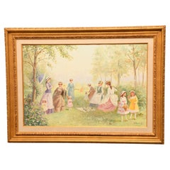 Metà del XX secolo, Louis Ramon, Scena di picnic nel parco di Parigi, olio su tela con cornice di grandi dimensioni