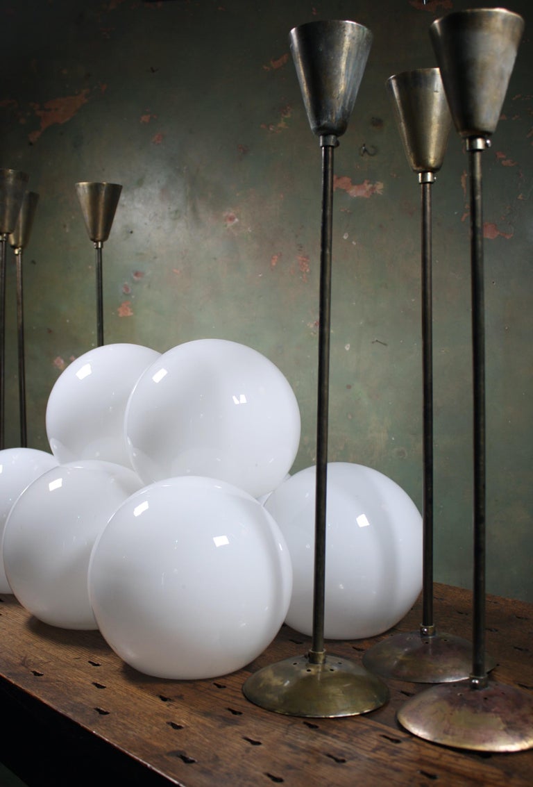 English Mid-20th Century Medium Glass Opaline & Brass Globe Pendants Lights 8 Available