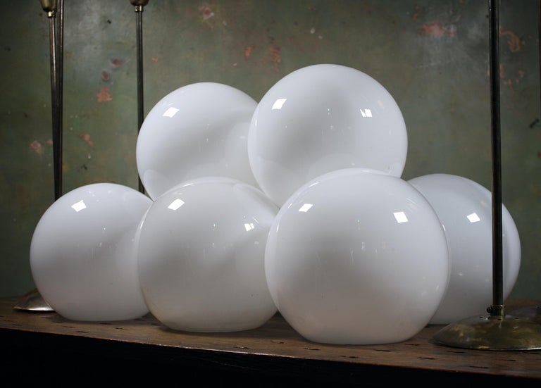 Mid-20th Century Medium Glass Opaline & Brass Globe Pendants Lights 8 Available In Good Condition In Lowestoft, GB