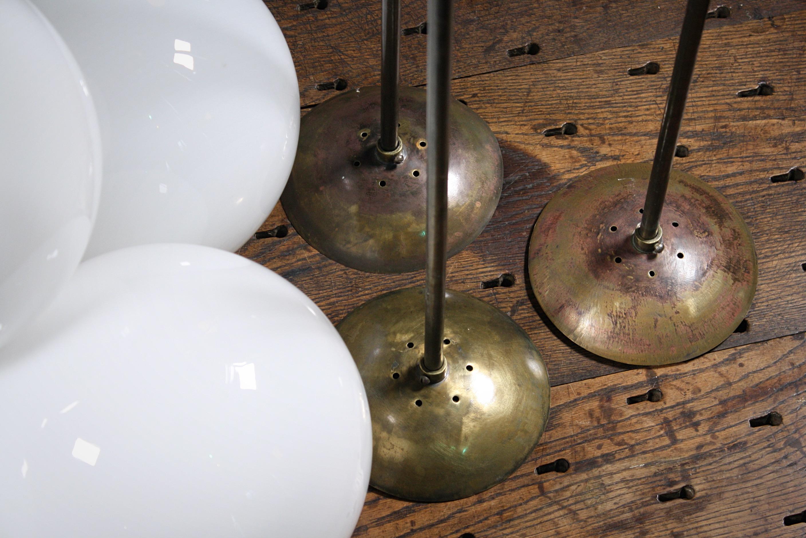 Mid-20th Century Medium Glass Opaline & Brass Globe Pendants Lights 8 Available 1