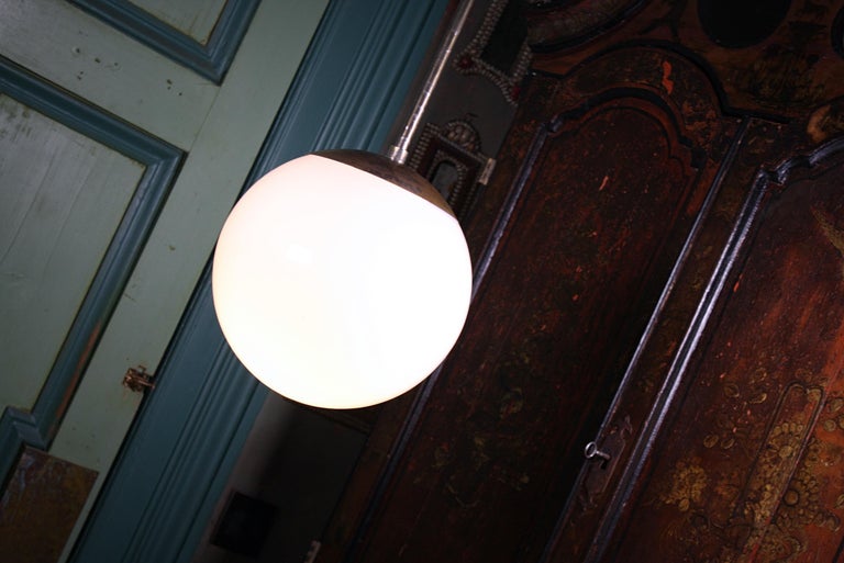 Mid-20th Century Medium Glass Opaline & Brass Globe Pendants Lights 8 Available 2
