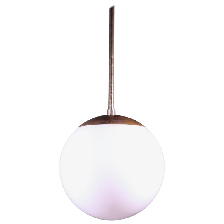 Mid-20th Century Medium Glass Opaline & Brass Globe Pendants Lights 8 Available