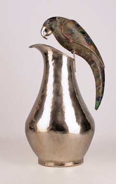 Mid-20th C. Mexican Silver Pitcher with Gemstone Parrot Handle by Los Castillo