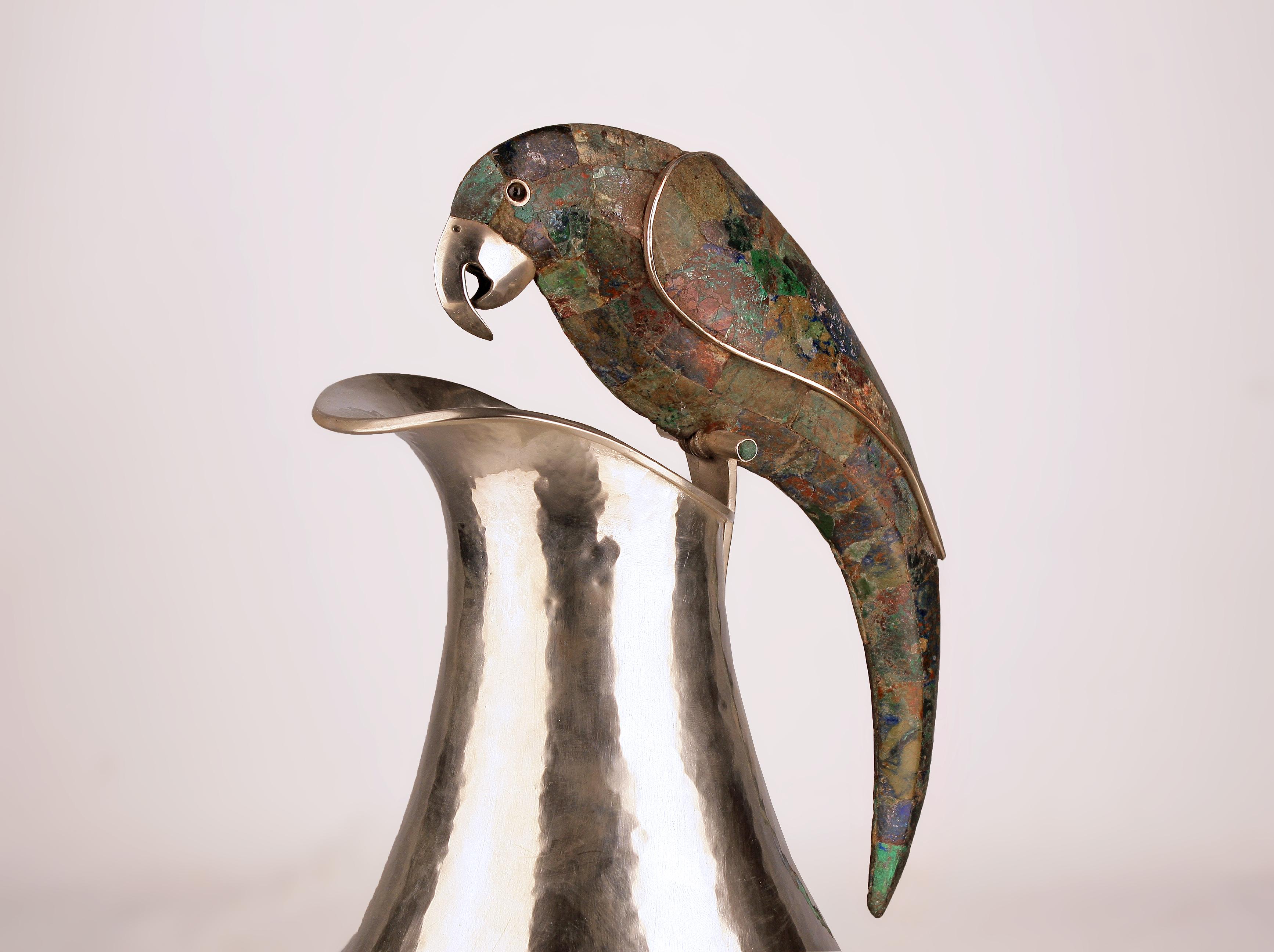Silvered Mid-20th C. Mexican Silver Pitcher with Gemstone Parrot Handle by Los Castillo