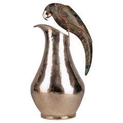 Mid-20th C. Mexican Silver Pitcher with Gemstone Parrot Handle by Los Castillo