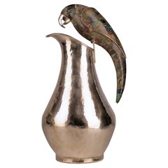 Retro Mid-20th C. Mexican Silver Pitcher with Gemstone Parrot Handle by Los Castillo