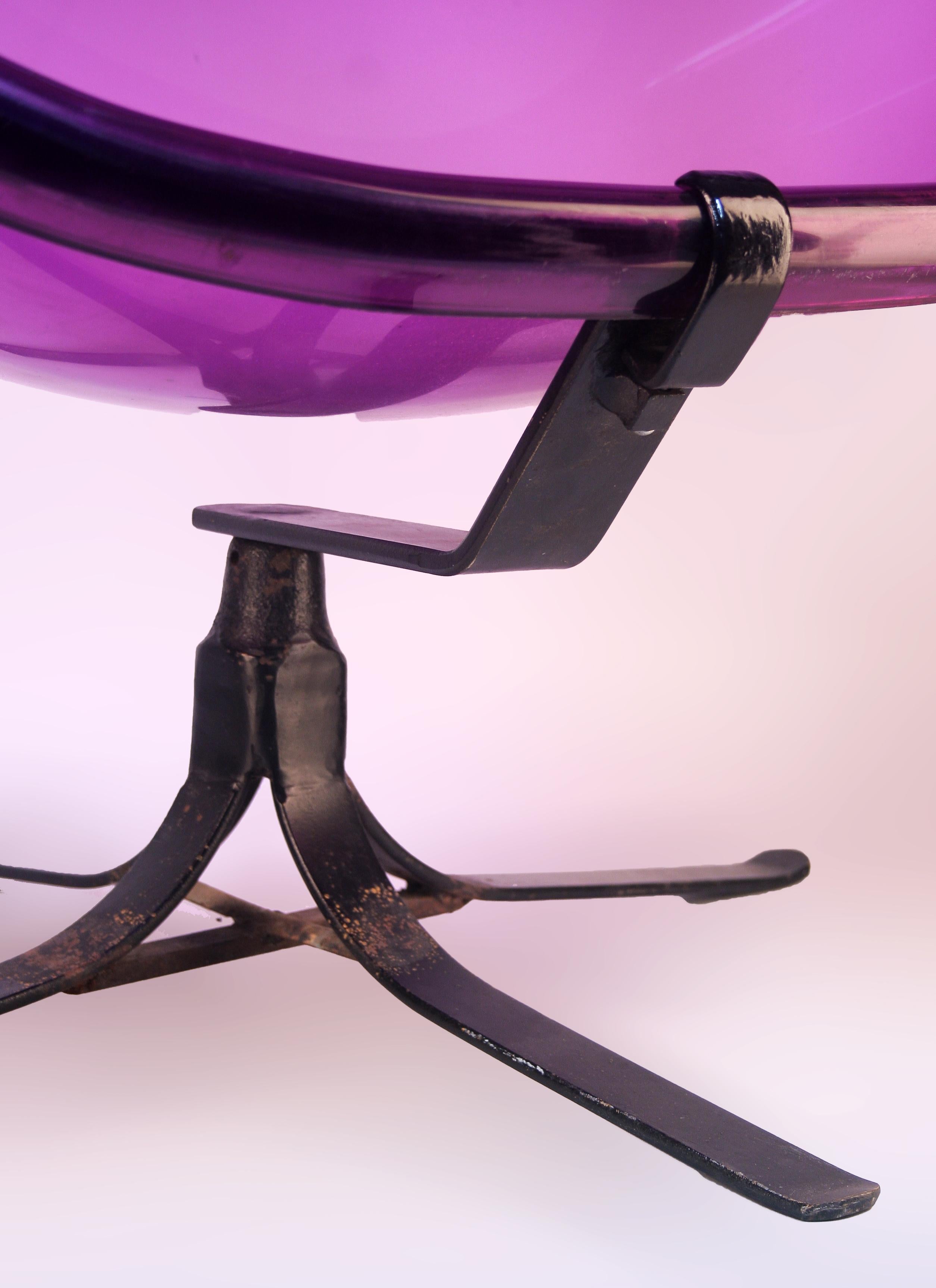 Forged Mid-20th C. Modern American Egg Shaped Acrylic Purple Chair with Iron Legs For Sale