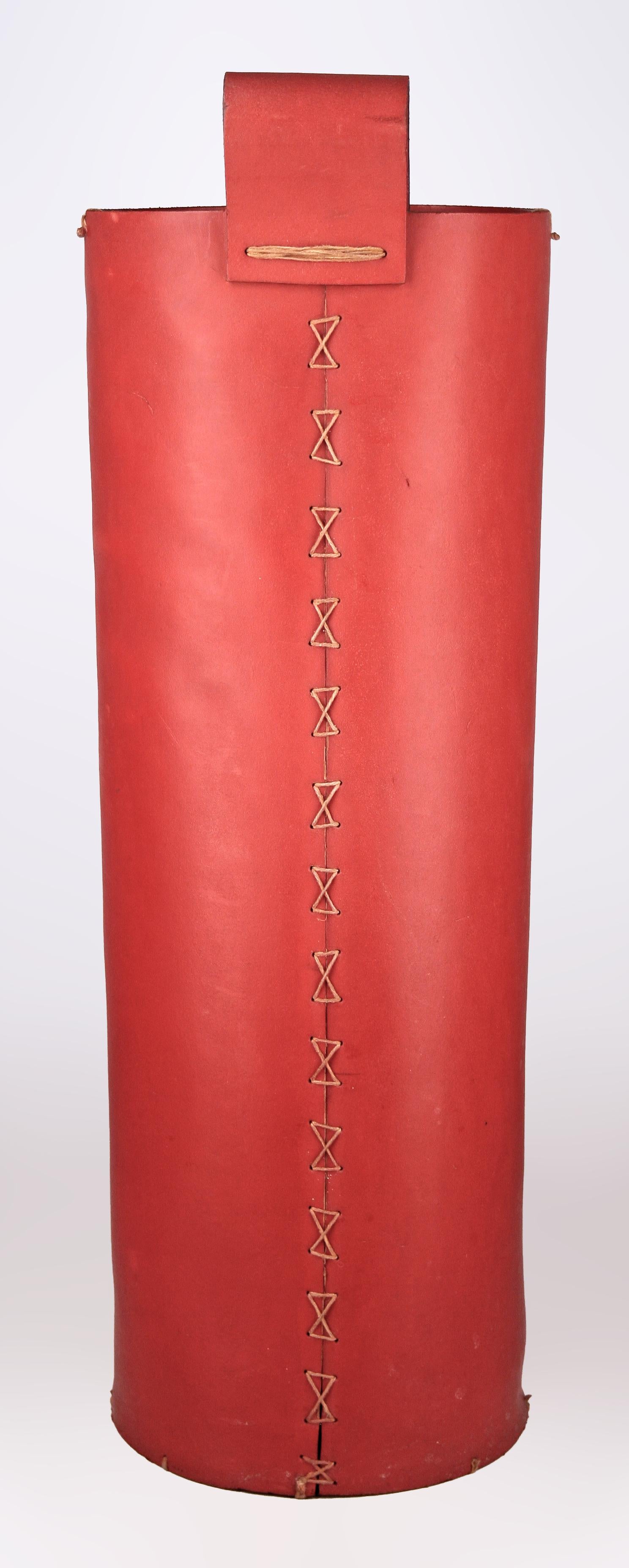 Carved Mid-20th C. Modern French Red Leather Cylindrical Umbrella Stand by Hermès Paris For Sale