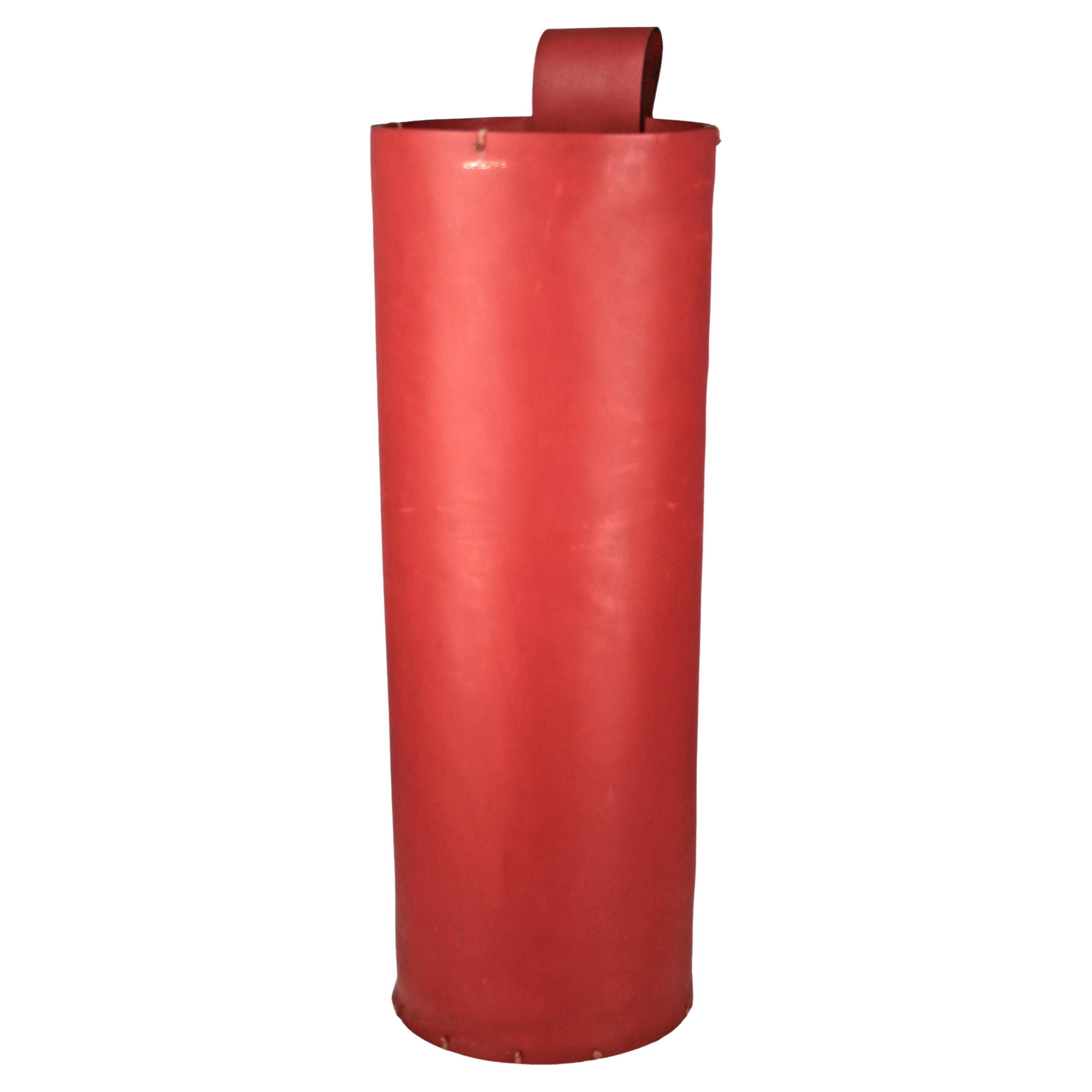 Mid-20th C. Modern French Red Leather Cylindrical Umbrella Stand by Hermès Paris