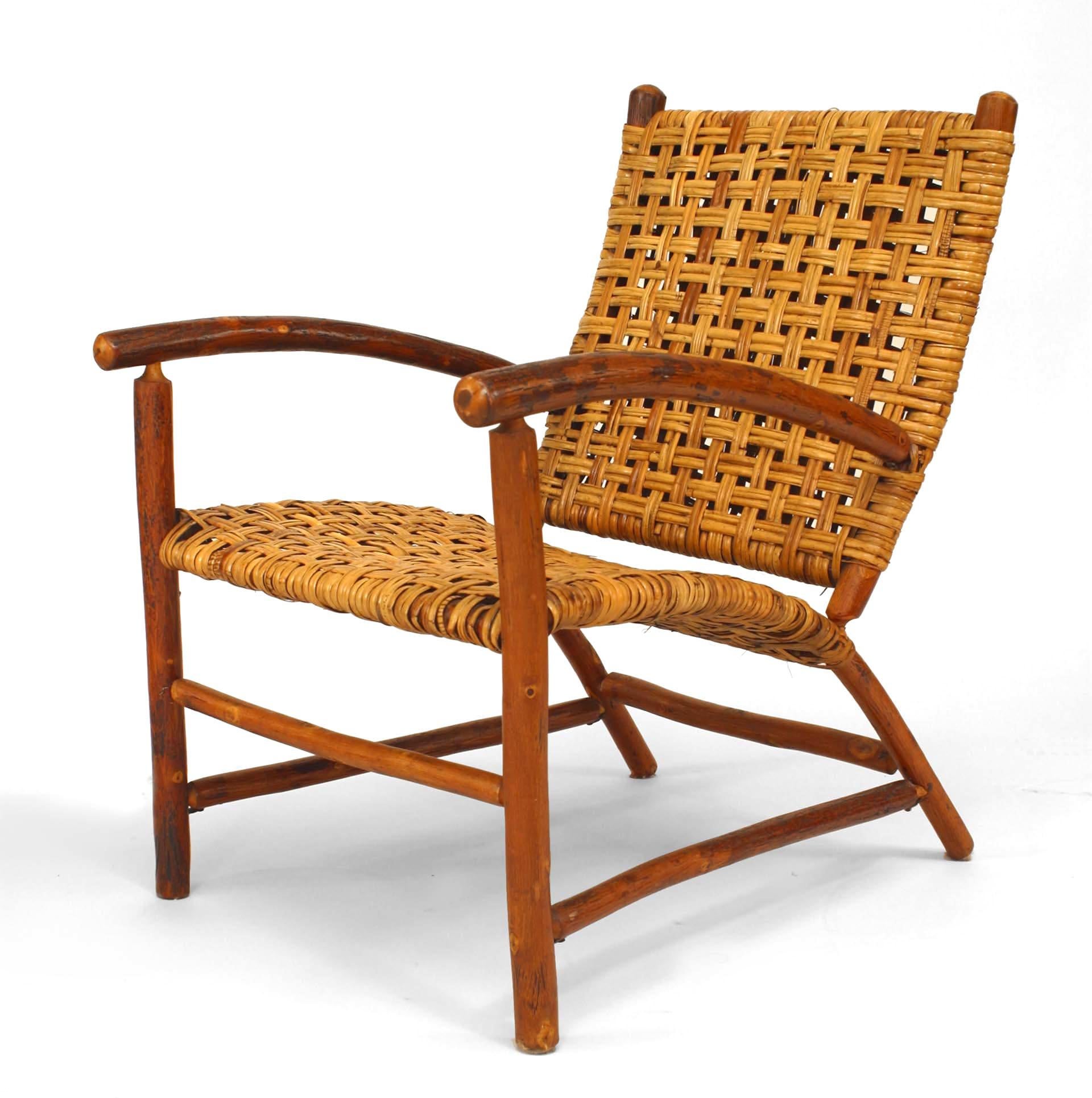 American Rustic Old Hickory (1940/50s) open arm chair with woven seat and back. (Includes ottoman: 24