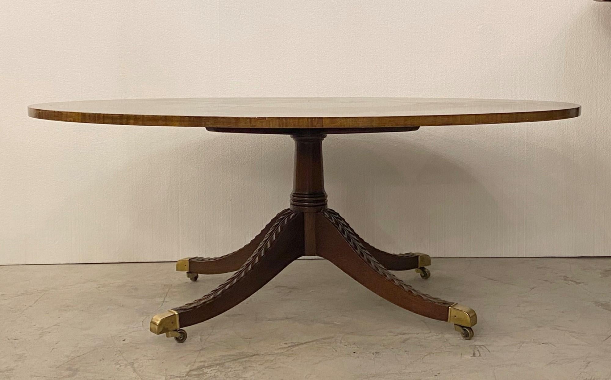 20th Century Mid-20th C. Oval Inlaid Walnut Coffee Table Brass Feet with Wheels