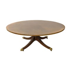 Mid-20th C. Oval Inlaid Walnut Coffee Table Brass Feet with Wheels