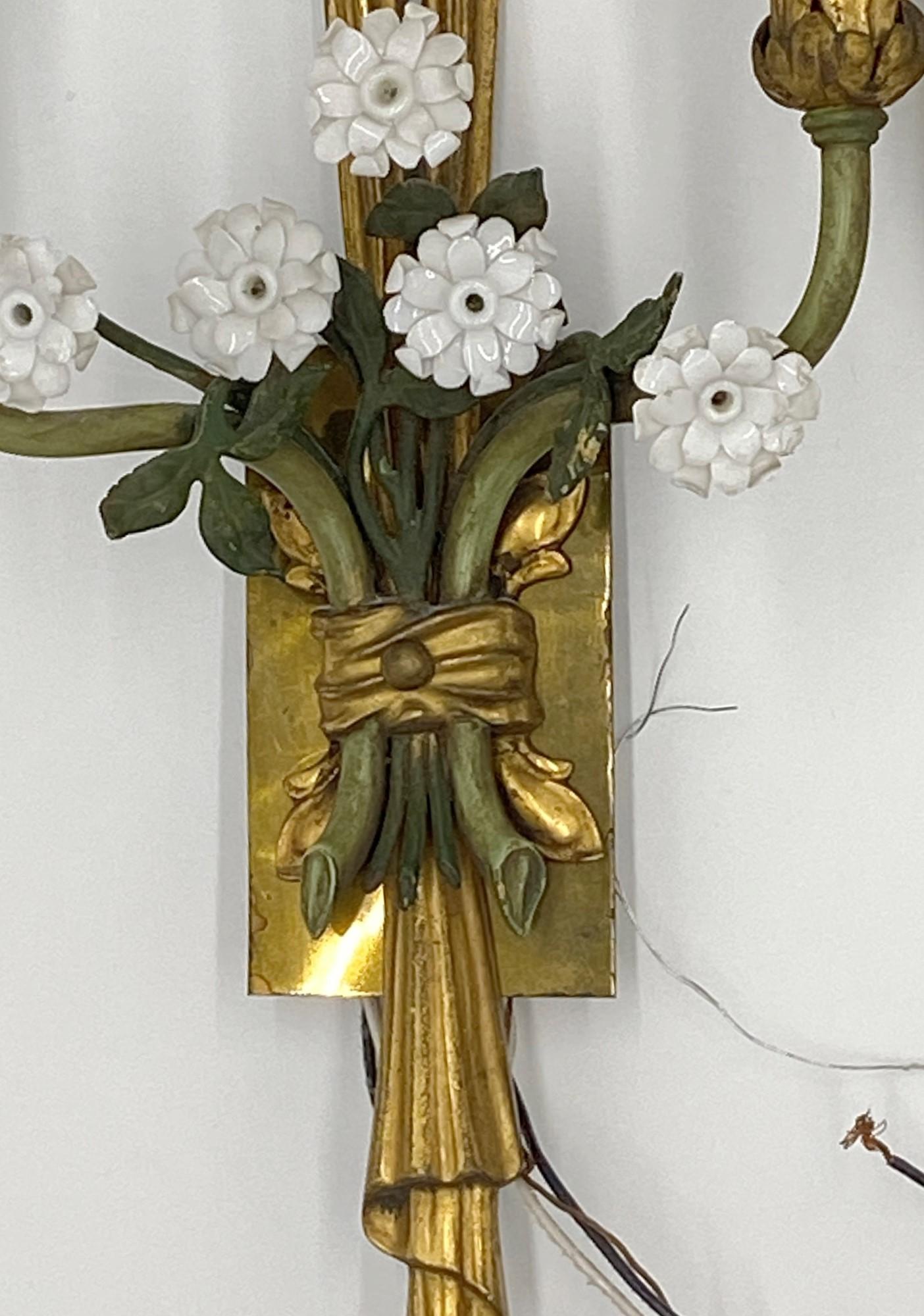 Mid-20th C. Pair of Italian Bronze 2 Arm Wall Sconces with Porcelain Flowers In Good Condition In New York, NY