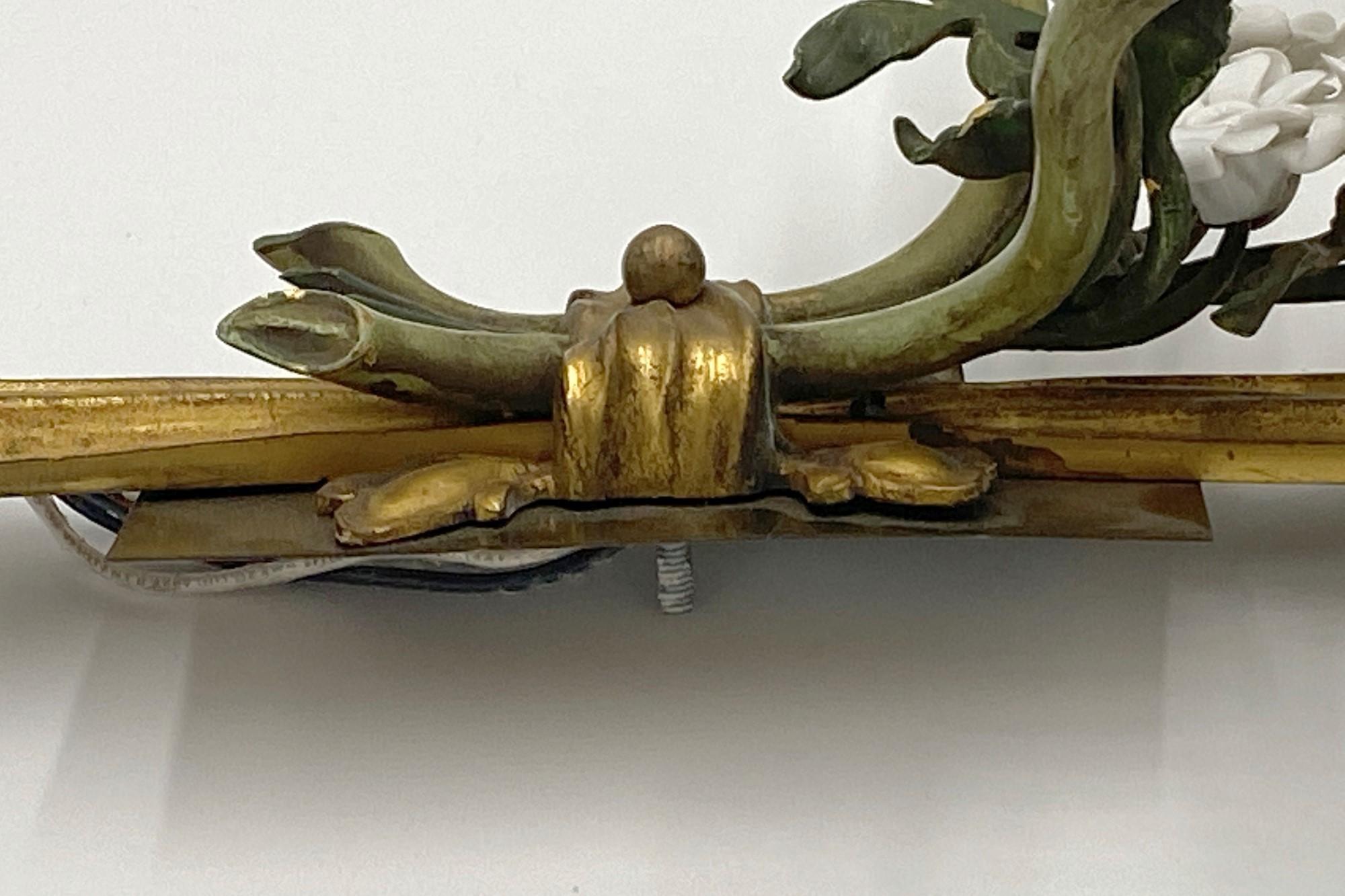 Mid-20th C. Pair of Italian Bronze 2 Arm Wall Sconces with Porcelain Flowers 2