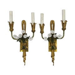 Mid-20th C. Pair of Italian Bronze 2 Arm Wall Sconces with Porcelain Flowers
