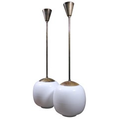 Mid-20th Century Pair of Large Glass Opaline and Brass Ovoid Pendants Lights