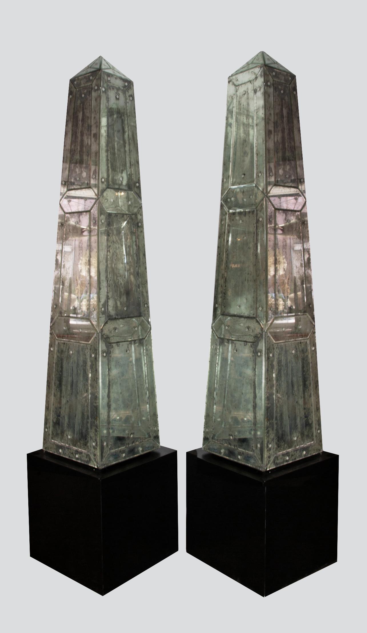 Mid-20th Century Pair of Monumental Continental Neoclassical Mirrored Obelisks 3