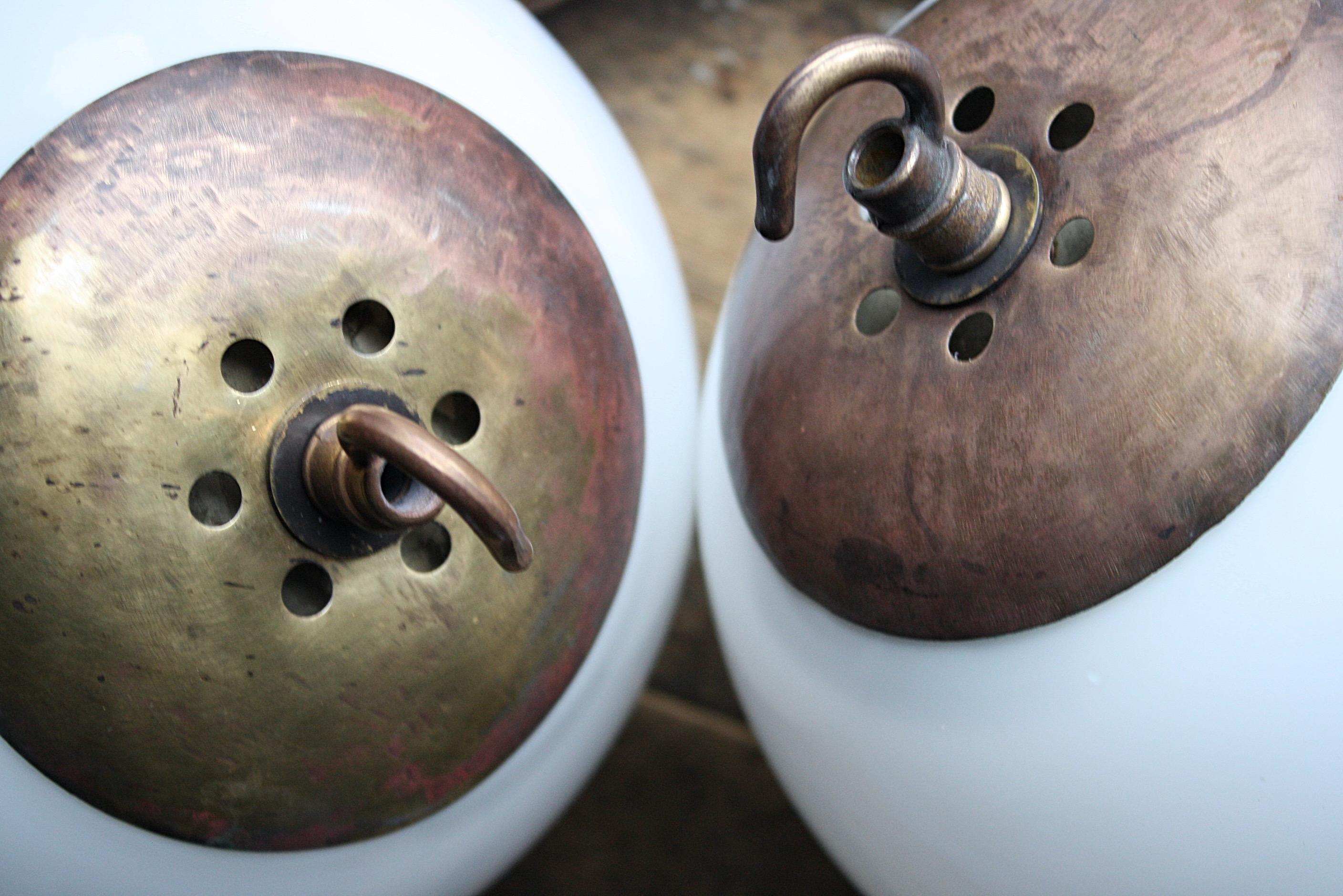 Mid-20th Century Pair of Small Glass Opaline and Brass Globe Pendants Lights 6