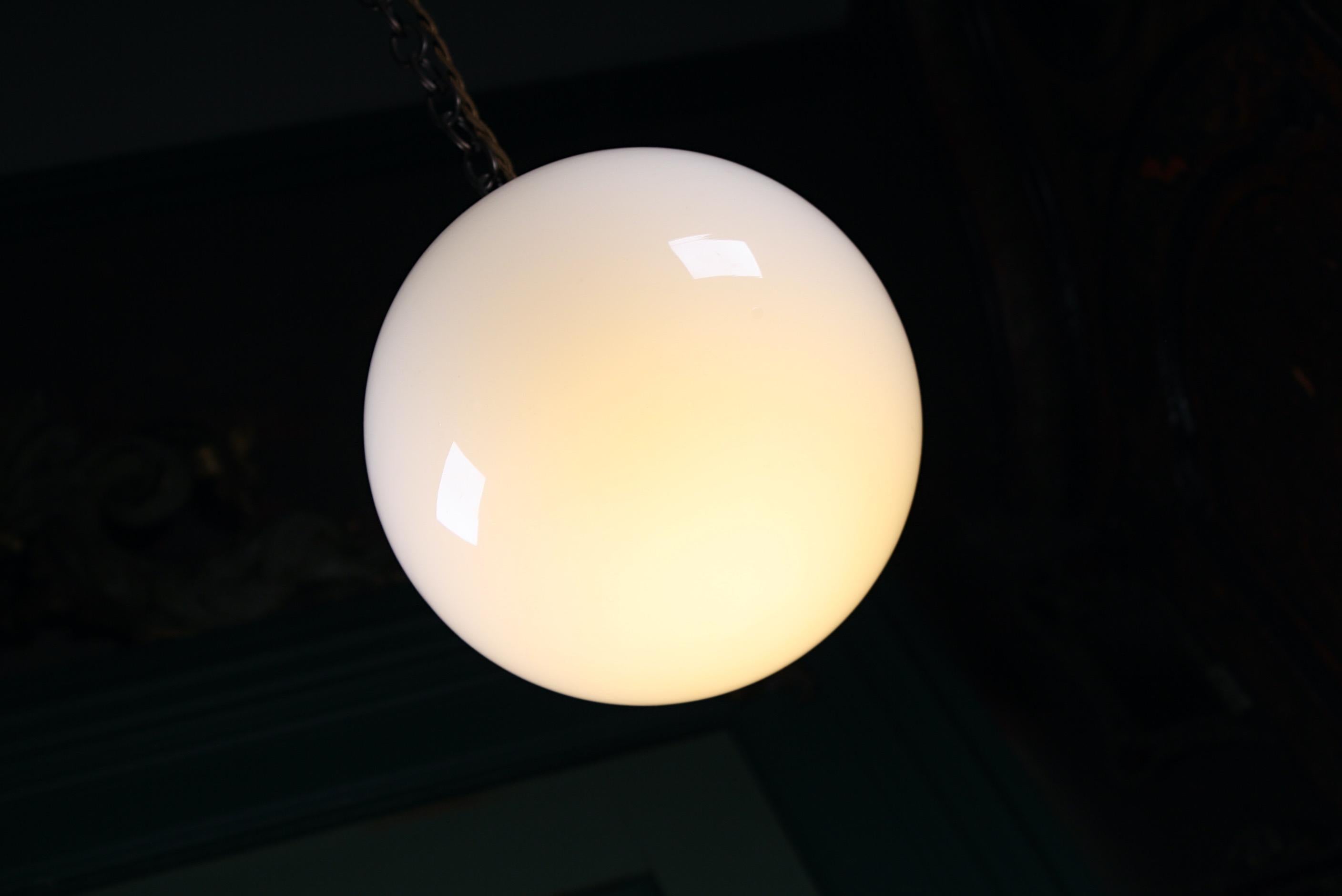 Mid-20th Century Pair of Small Glass Opaline and Brass Globe Pendants Lights 1