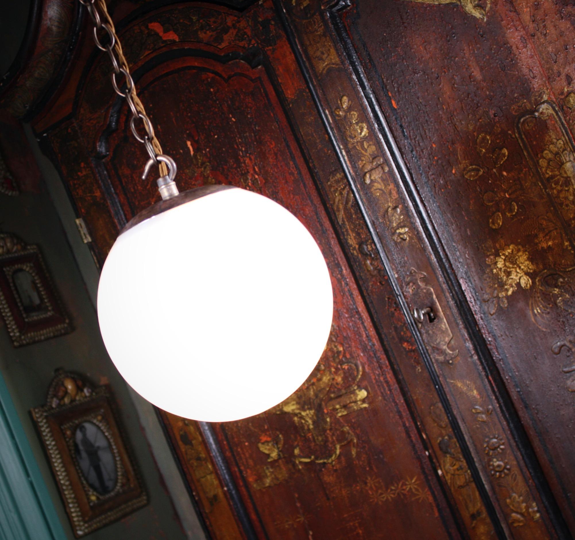 Mid-20th Century Pair of Small Glass Opaline and Brass Globe Pendants Lights 2