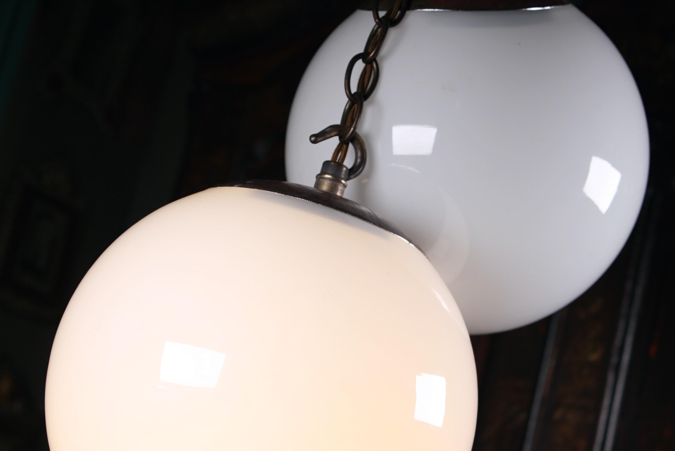 Mid-20th Century Pair of Small Glass Opaline and Brass Globe Pendants Lights 4