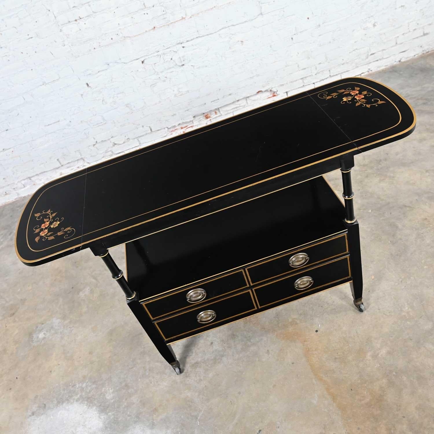Mid-20th C. Regency Style Drexel Black & Gold Drop Leaf Rolling Server Bar Cart For Sale 4