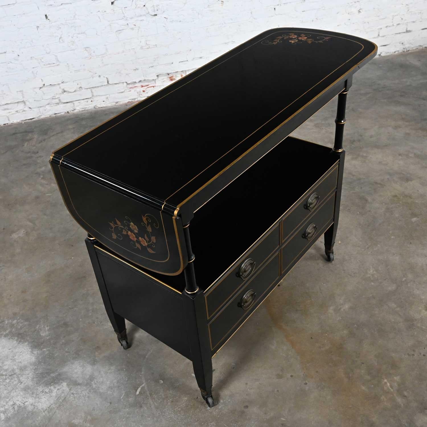 Mid-20th C. Regency Style Drexel Black & Gold Drop Leaf Rolling Server Bar Cart For Sale 4