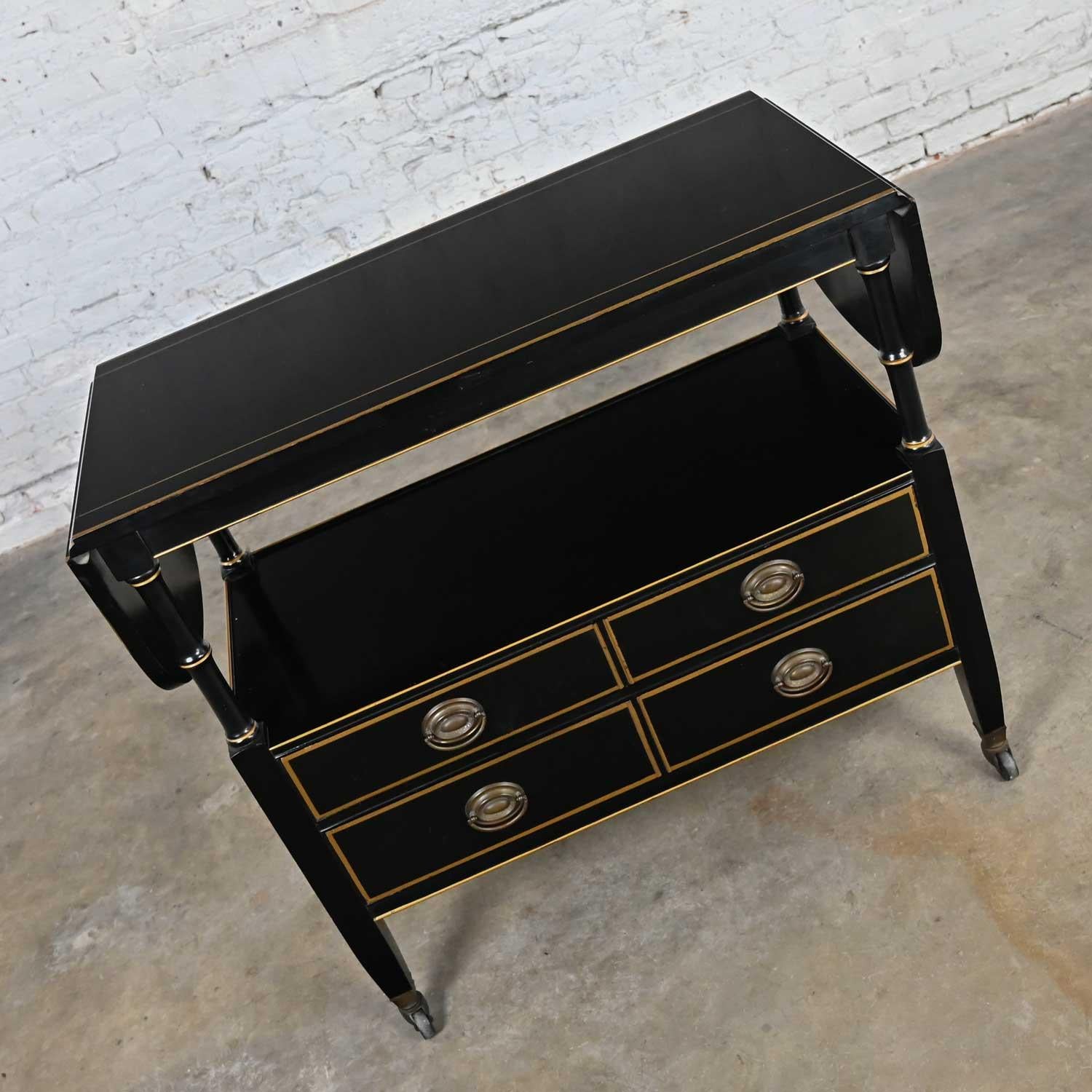 Mid-20th C. Regency Style Drexel Black & Gold Drop Leaf Rolling Server Bar Cart For Sale 6