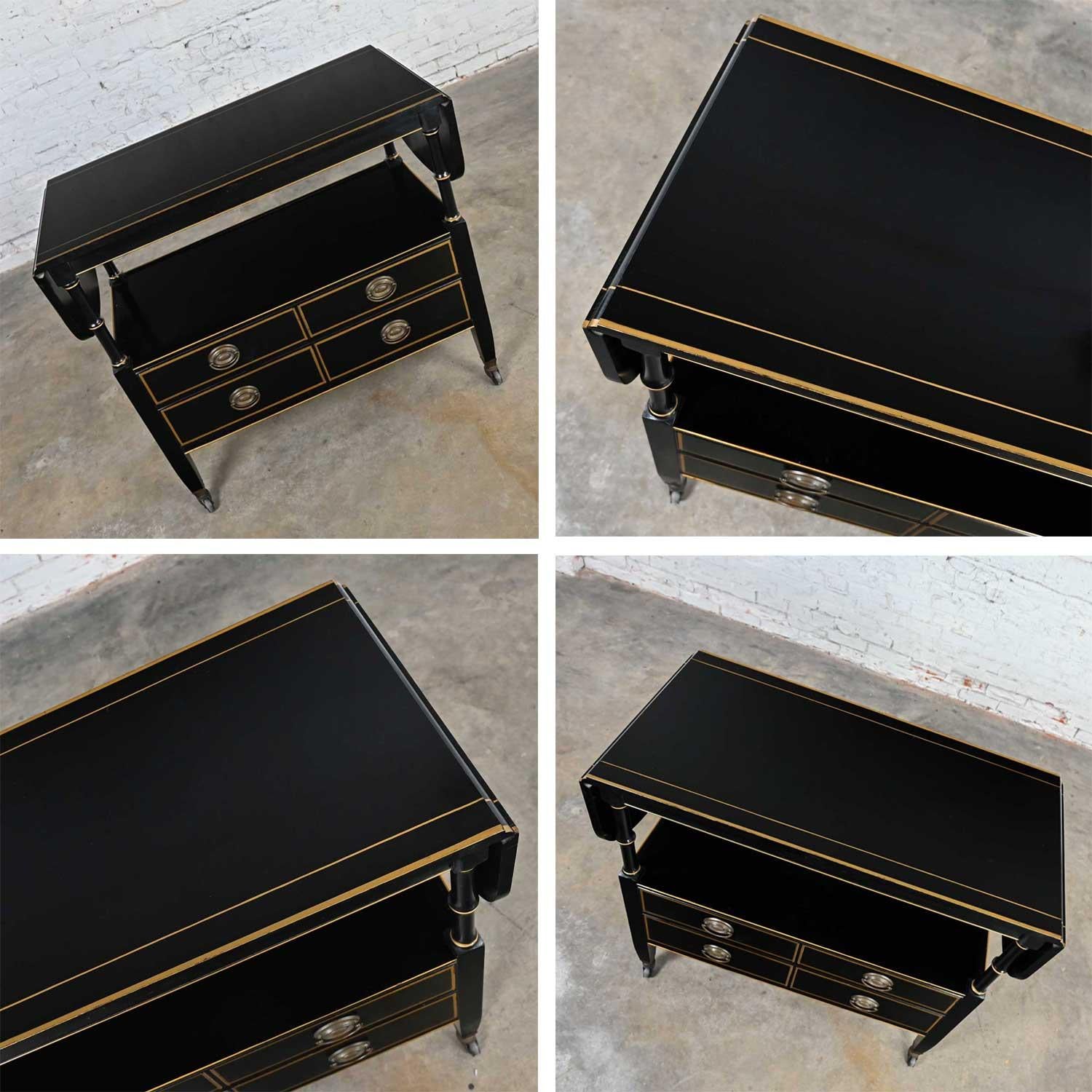 Regency Revival Mid-20th C. Regency Style Drexel Black & Gold Drop Leaf Rolling Server Bar Cart For Sale