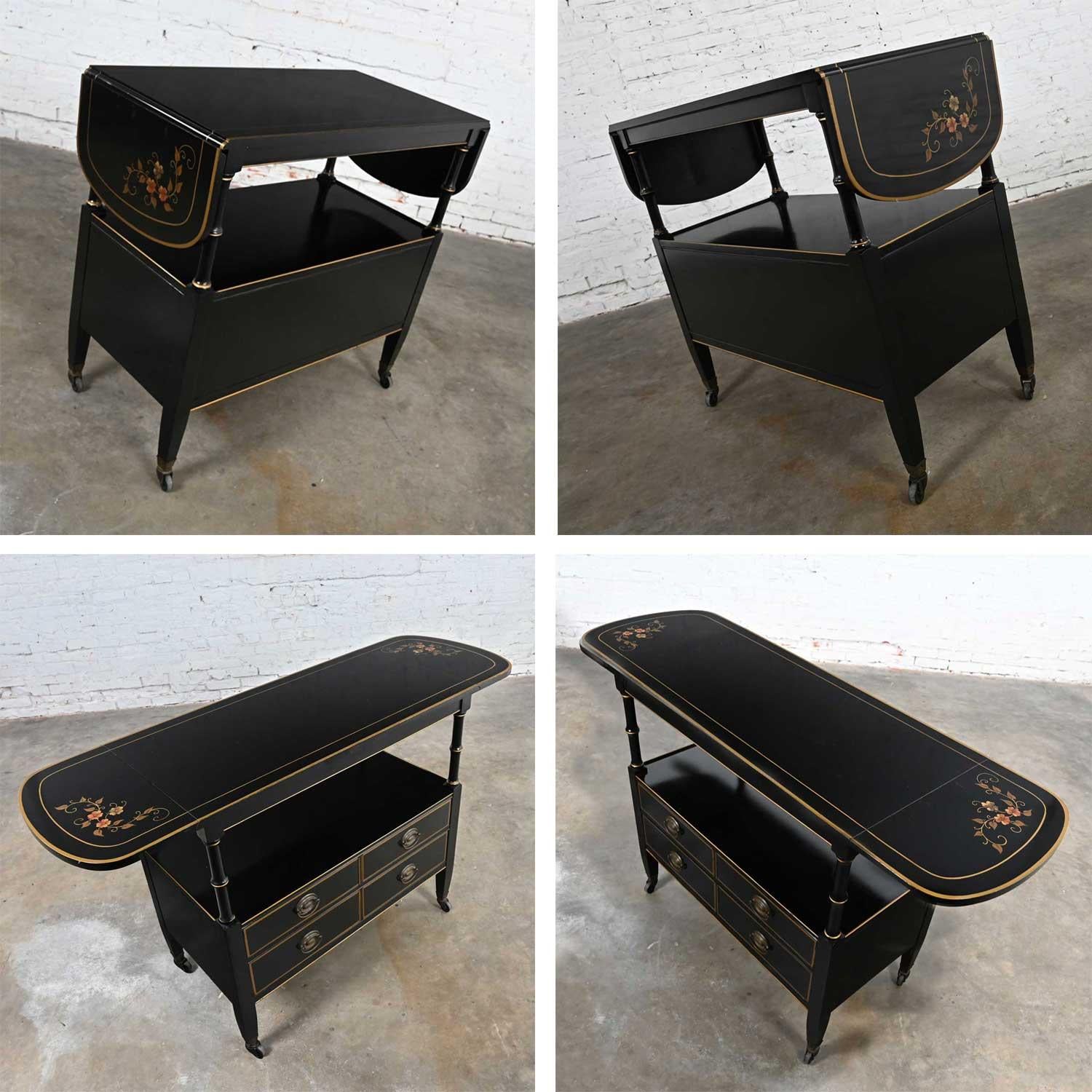 20th Century Mid-20th C. Regency Style Drexel Black & Gold Drop Leaf Rolling Server Bar Cart For Sale