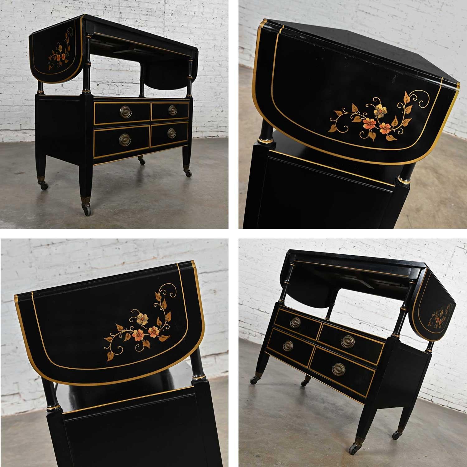 Wood Mid-20th C. Regency Style Drexel Black & Gold Drop Leaf Rolling Server Bar Cart For Sale