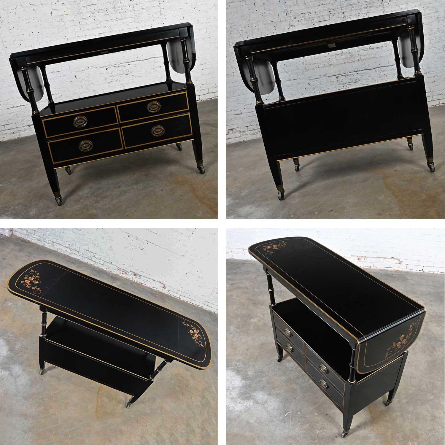 Mid-20th C. Regency Style Drexel Black & Gold Drop Leaf Rolling Server Bar Cart For Sale 2