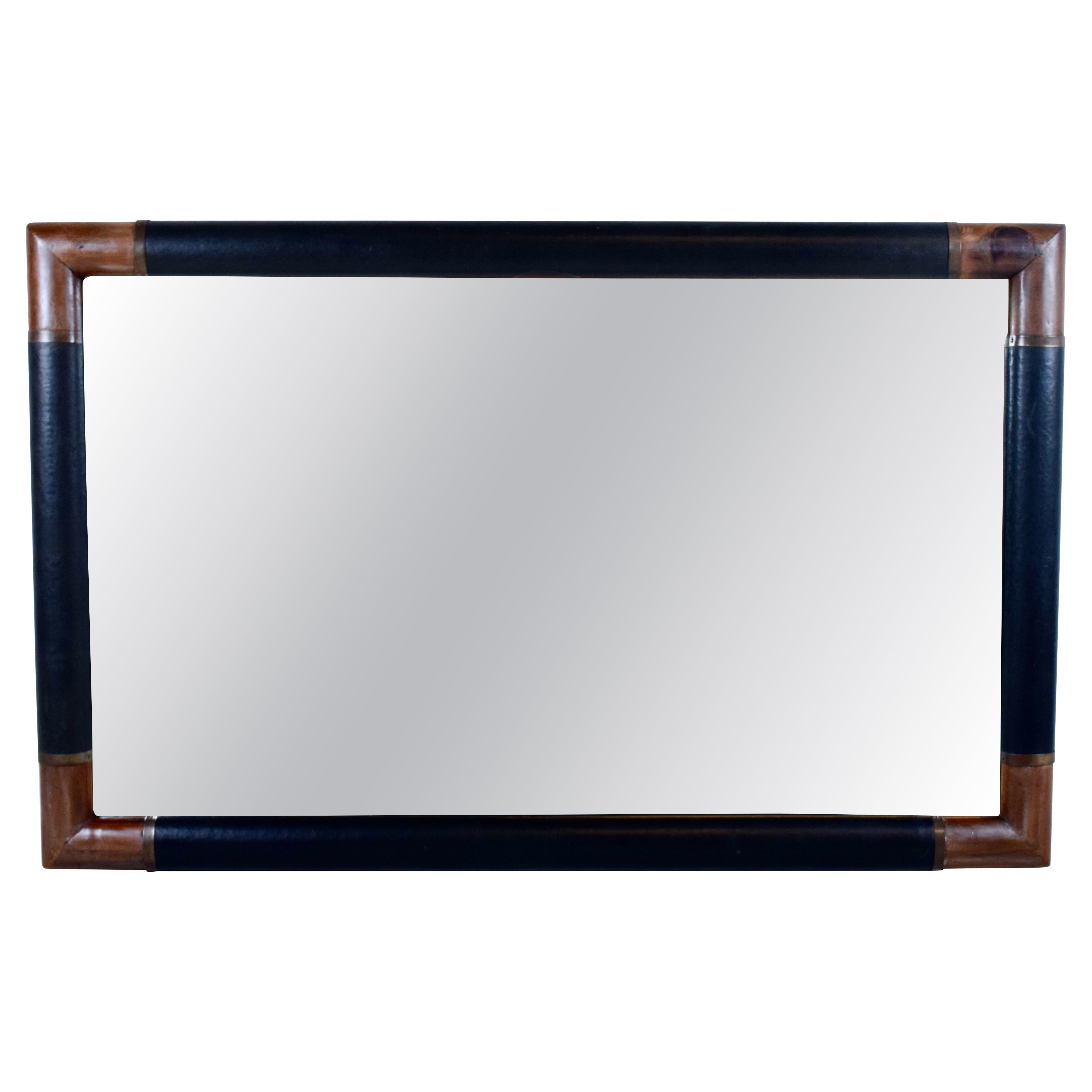 Mid 20th C. Rustic Leather Wrapped Wall Mirror by Valenti' Spain, Signed en vente