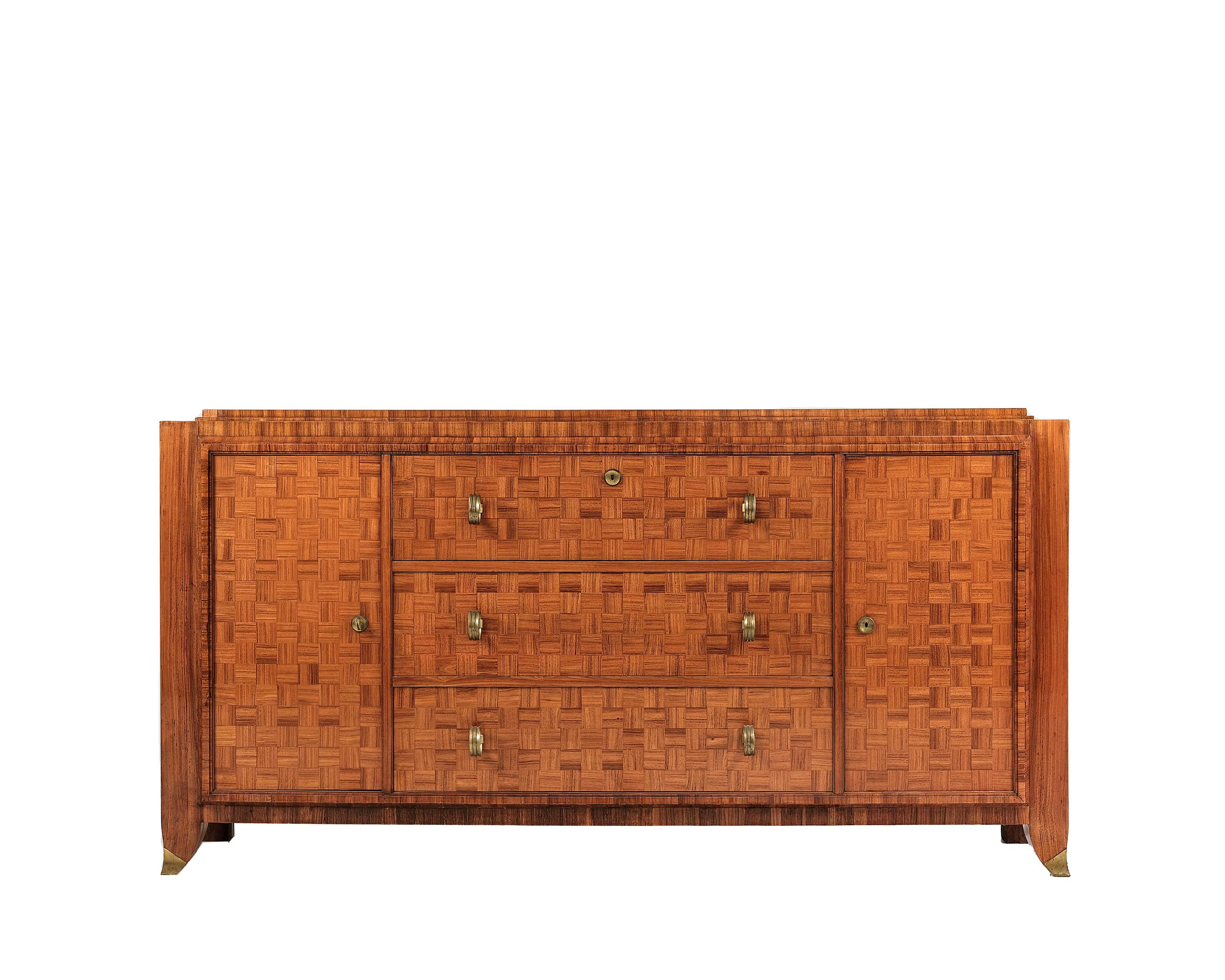 Mid 20th century French sideboard in Rosewood veneer, lacquered wood, leather and gilded bronze by Lucien Rollin. 1940s France. 

 