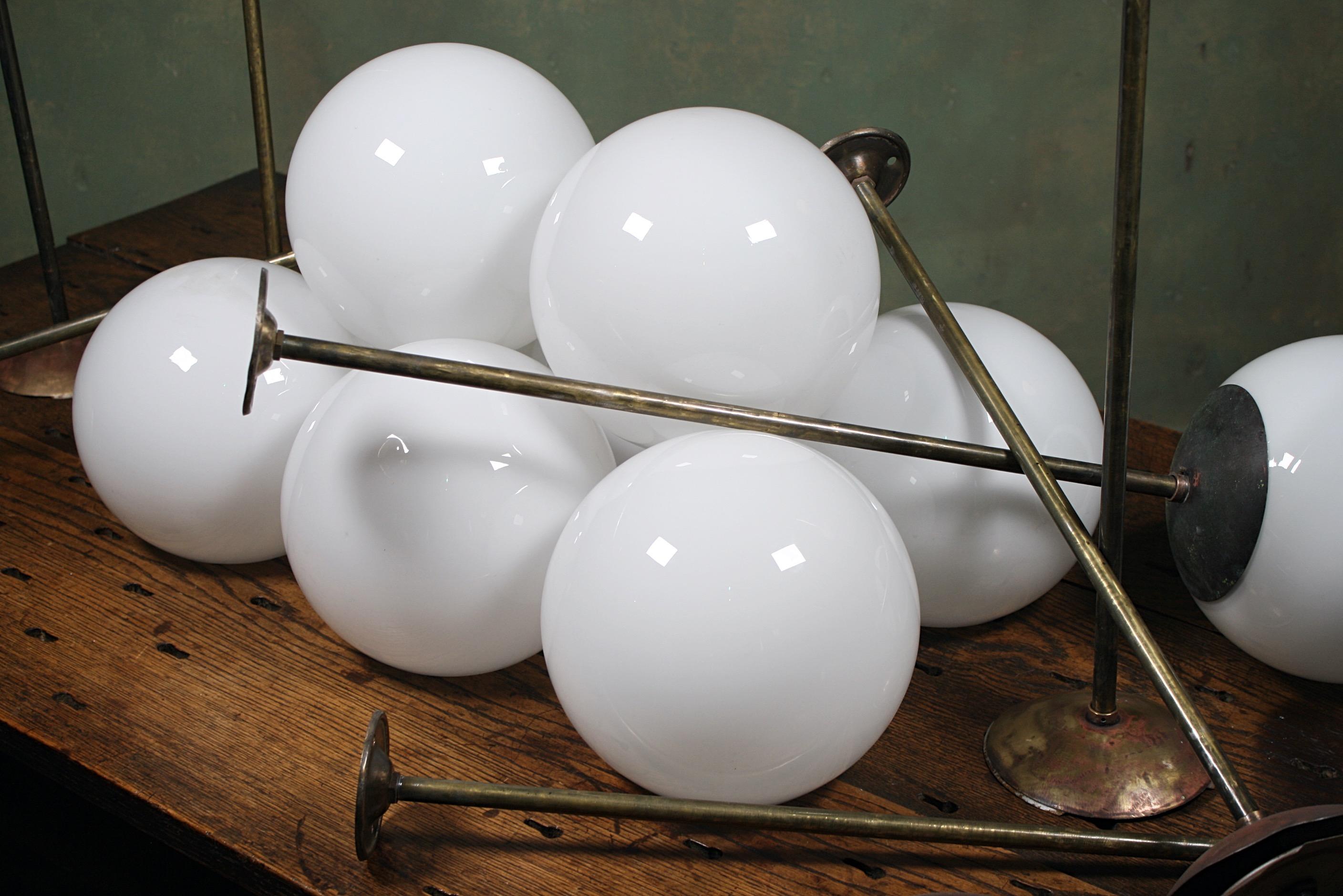 9 Available Mid-20th Century Small Glass Opaline and Brass Globe Pendants Lights In Good Condition In Lowestoft, GB