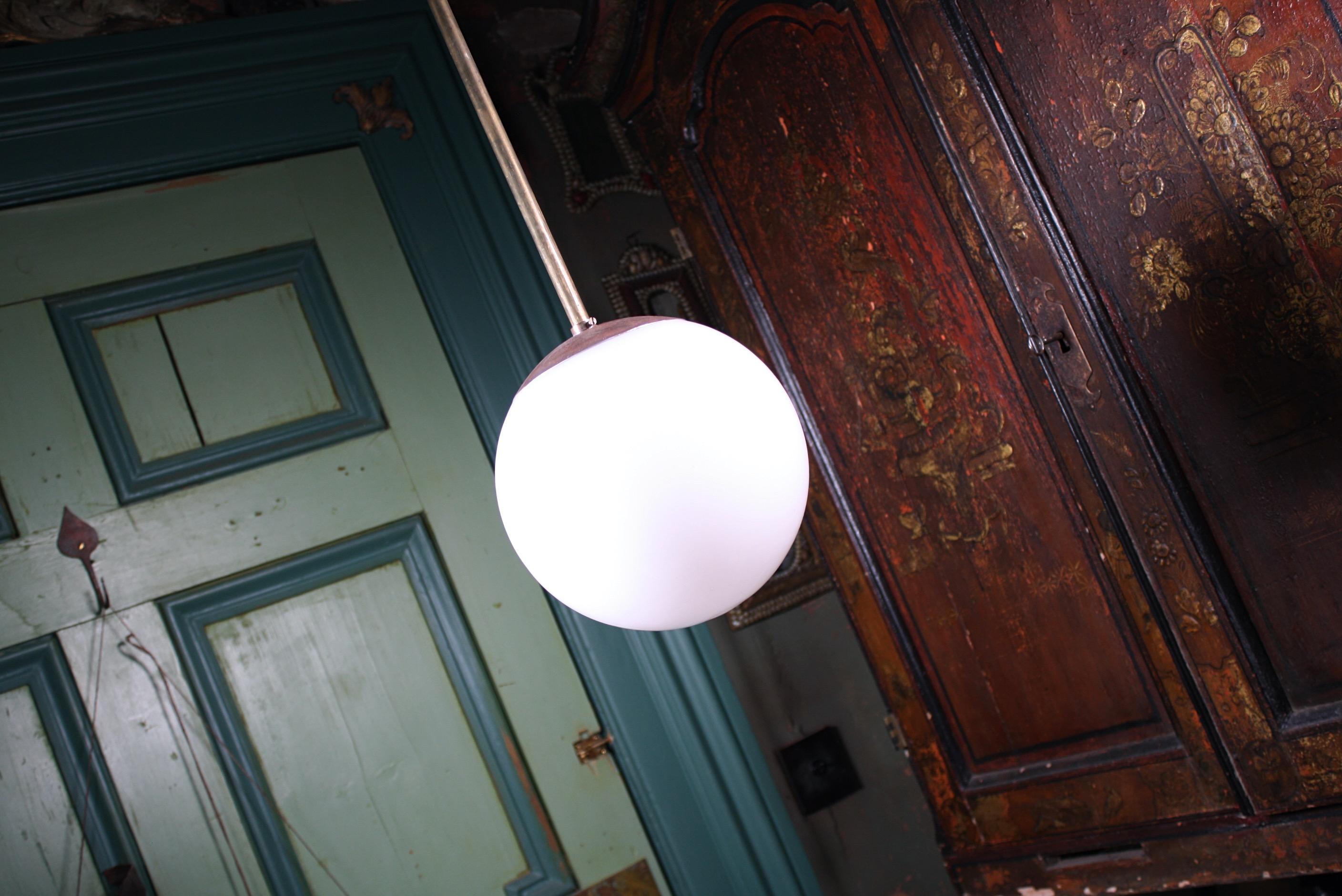9 Available Mid-20th Century Small Glass Opaline and Brass Globe Pendants Lights 2