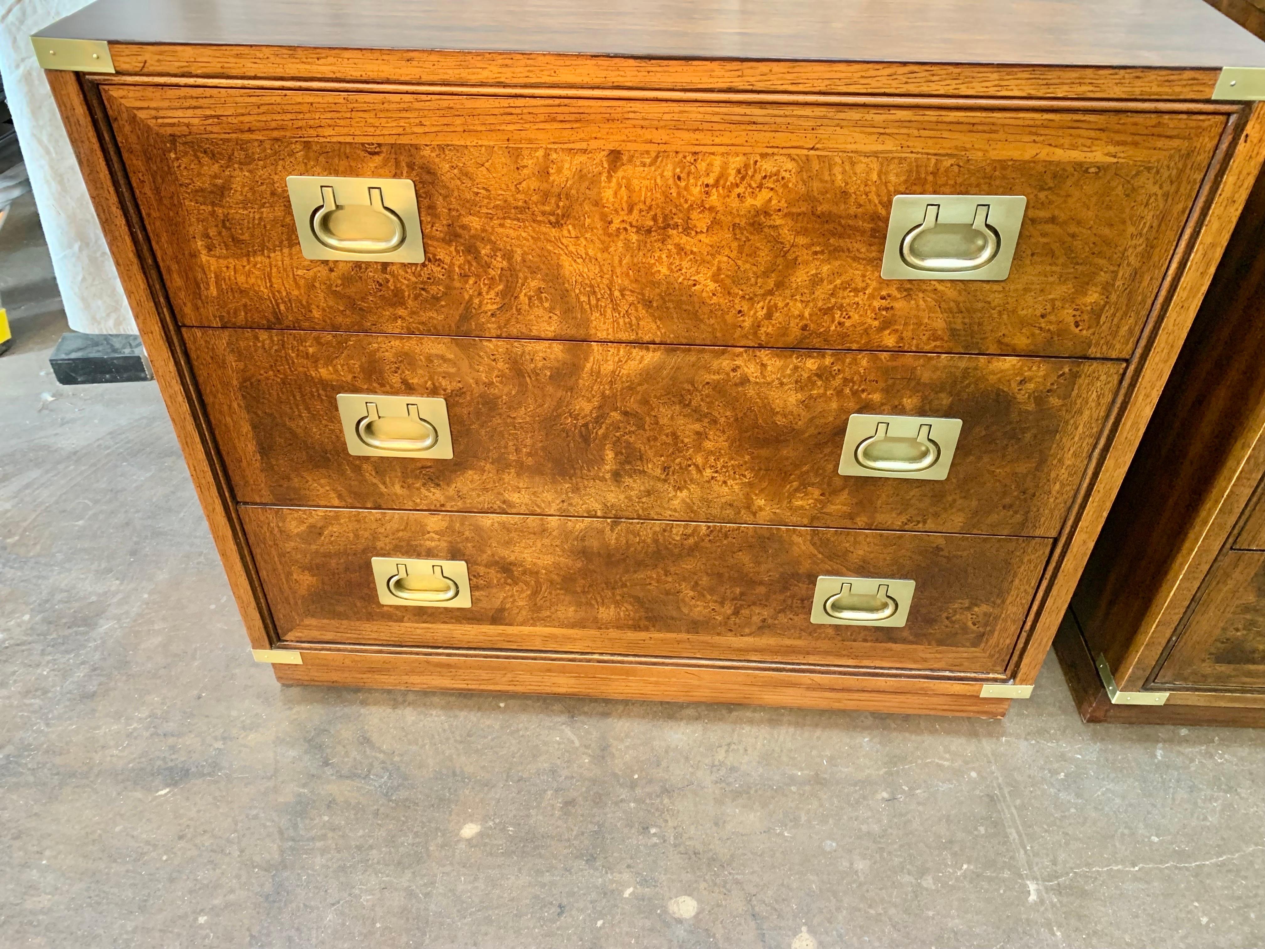 Mid 20th C. Walnut, Burlwood and Brass Campaign Style Bachelor Chests - a Pair 5