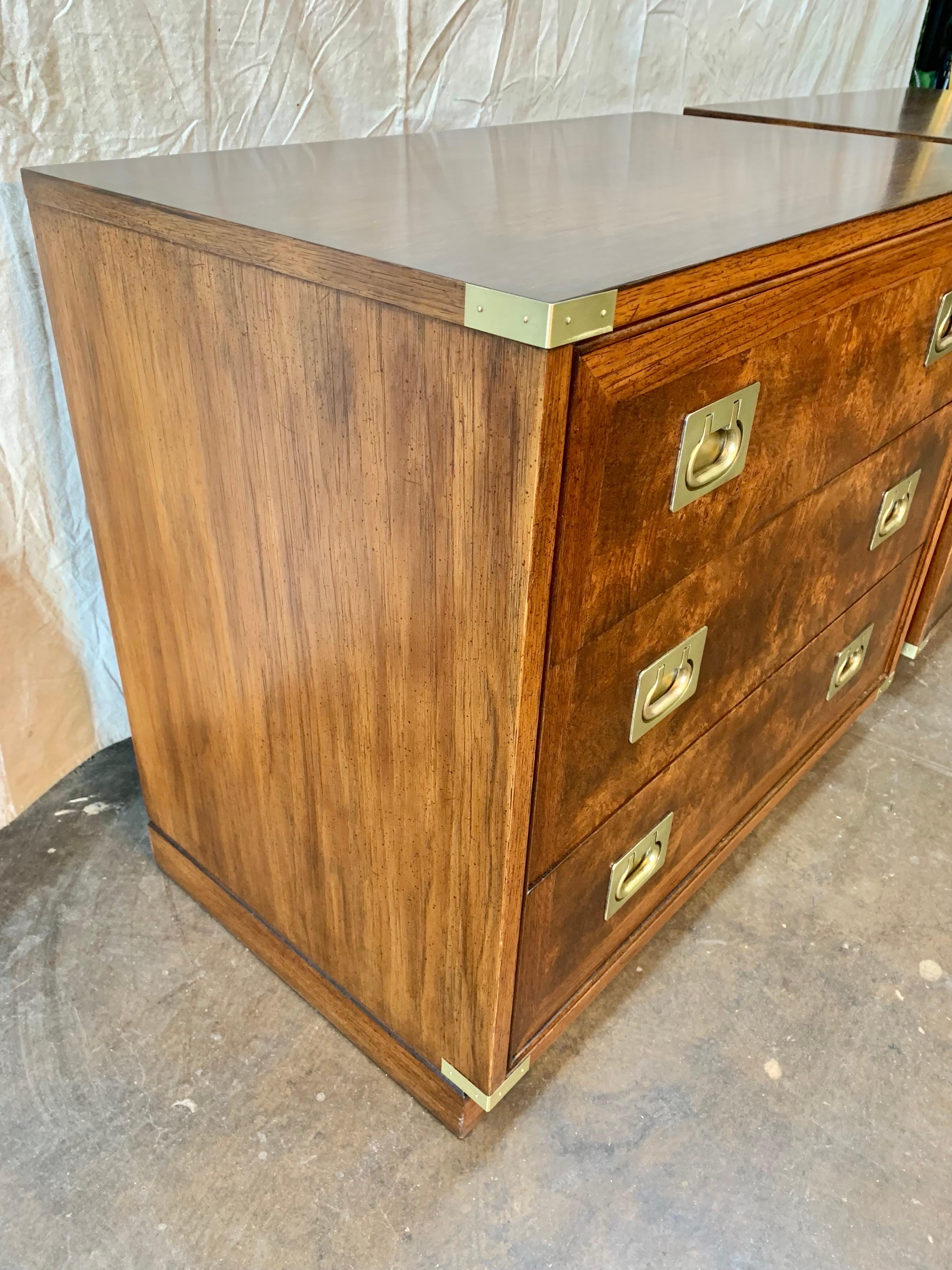 Mid 20th C. Walnut, Burlwood and Brass Campaign Style Bachelor Chests - a Pair 6
