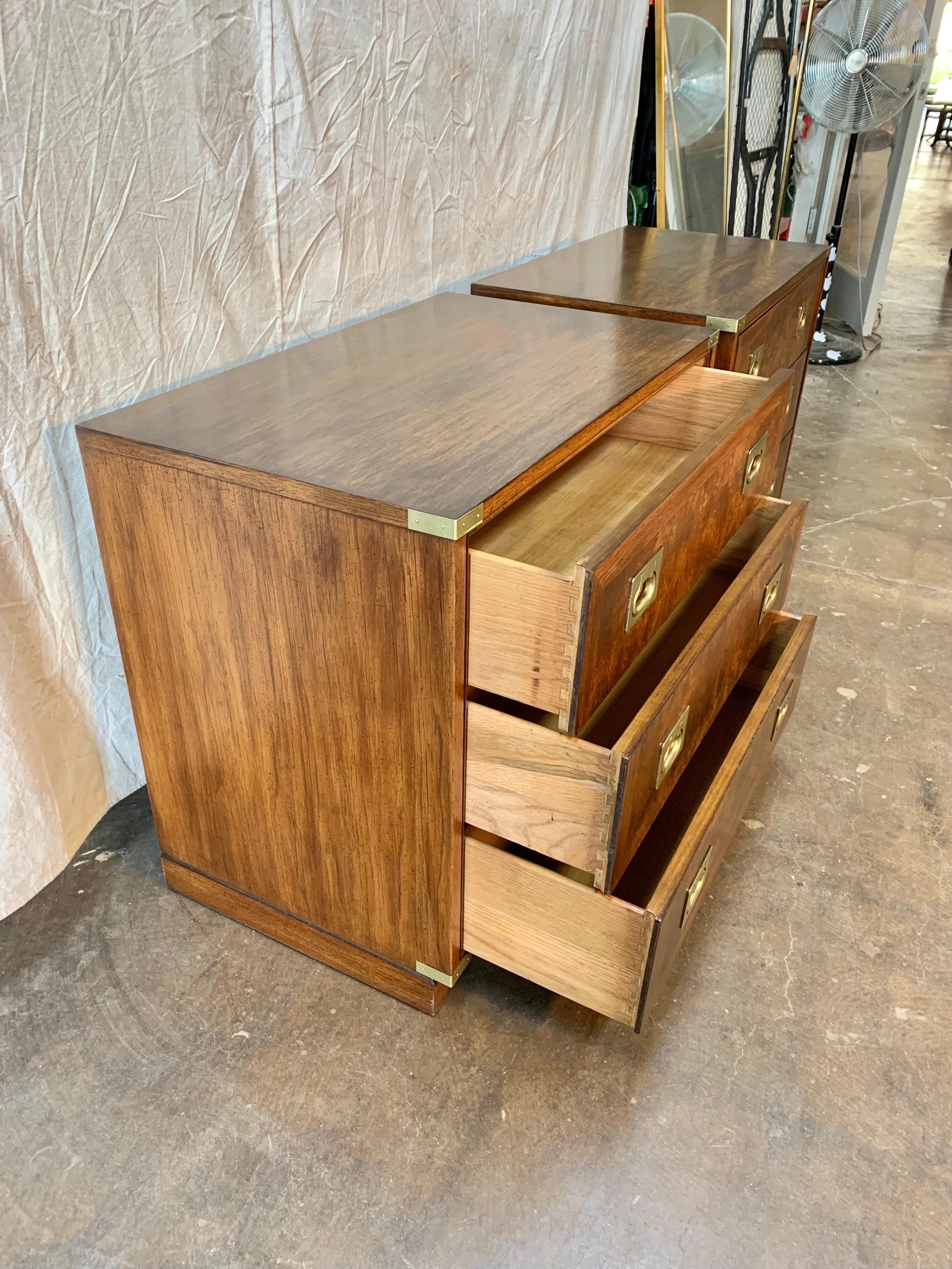 Mid 20th C. Walnut, Burlwood and Brass Campaign Style Bachelor Chests - a Pair 7