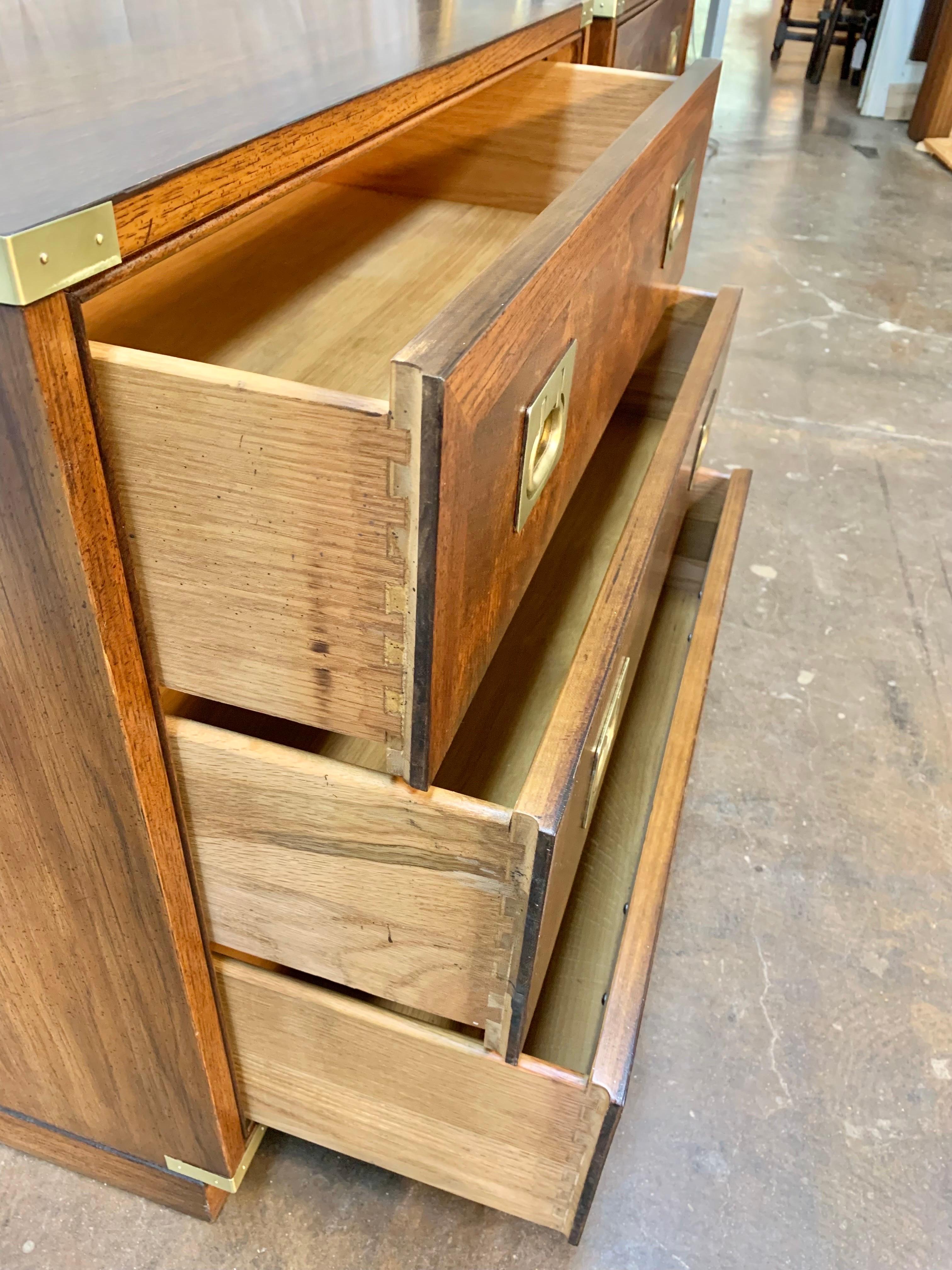 Mid 20th C. Walnut, Burlwood and Brass Campaign Style Bachelor Chests - a Pair 8