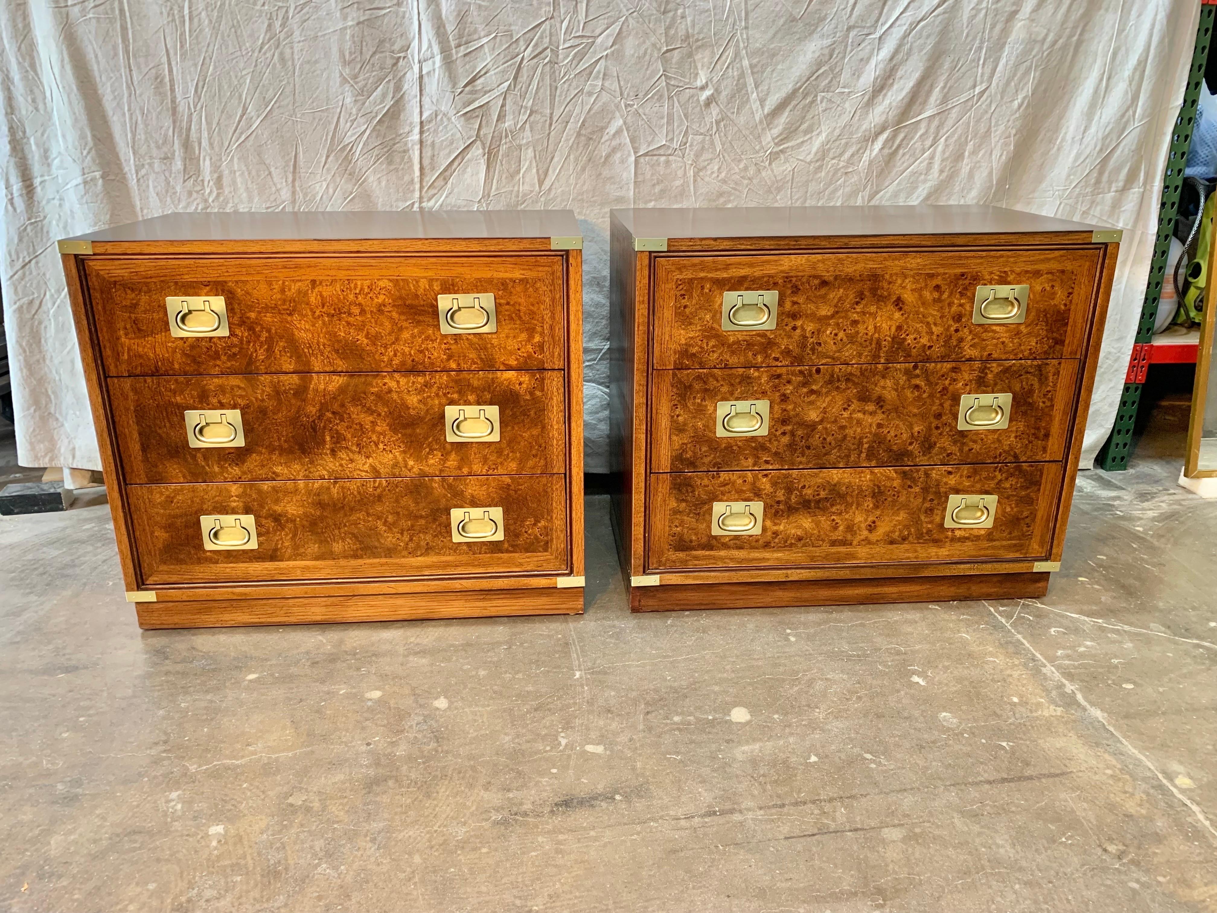 American Mid 20th C. Walnut, Burlwood and Brass Campaign Style Bachelor Chests - a Pair
