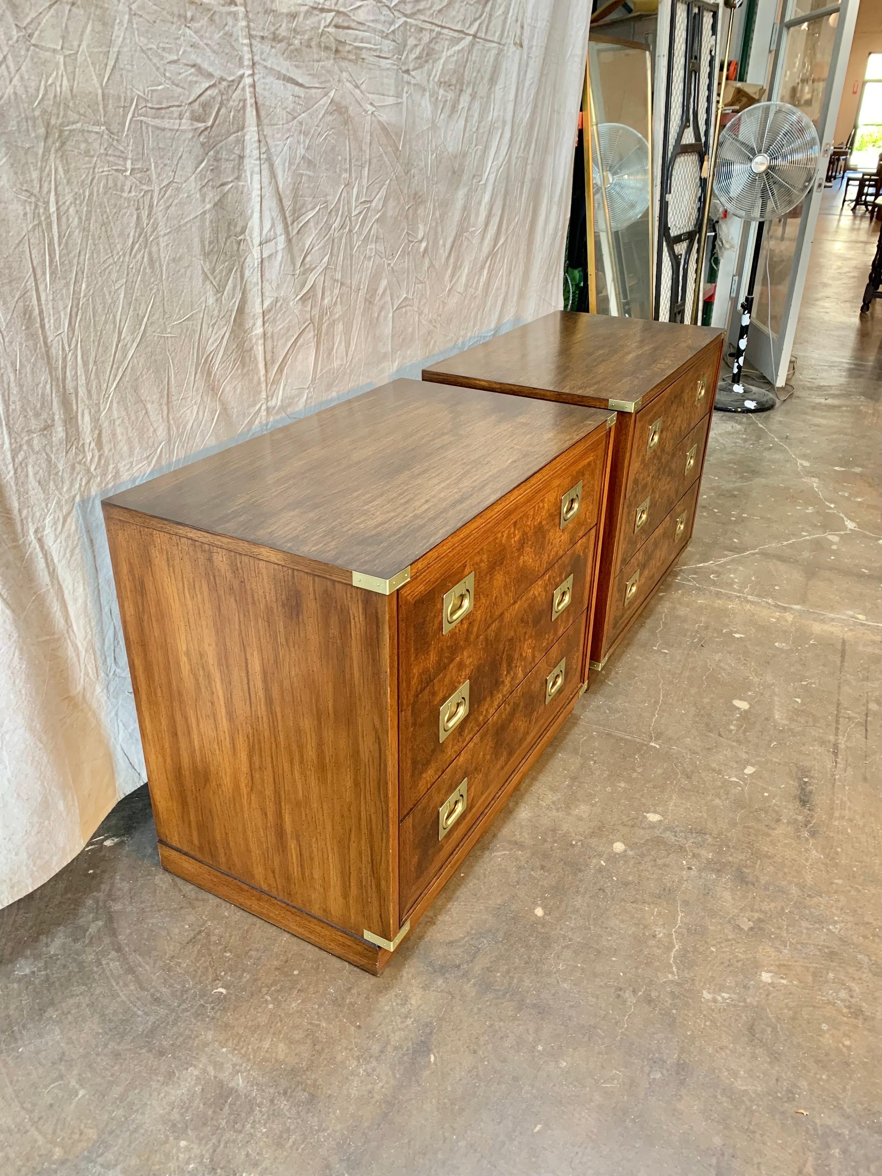 Mid 20th C. Walnut, Burlwood and Brass Campaign Style Bachelor Chests - a Pair In Good Condition In Burton, TX