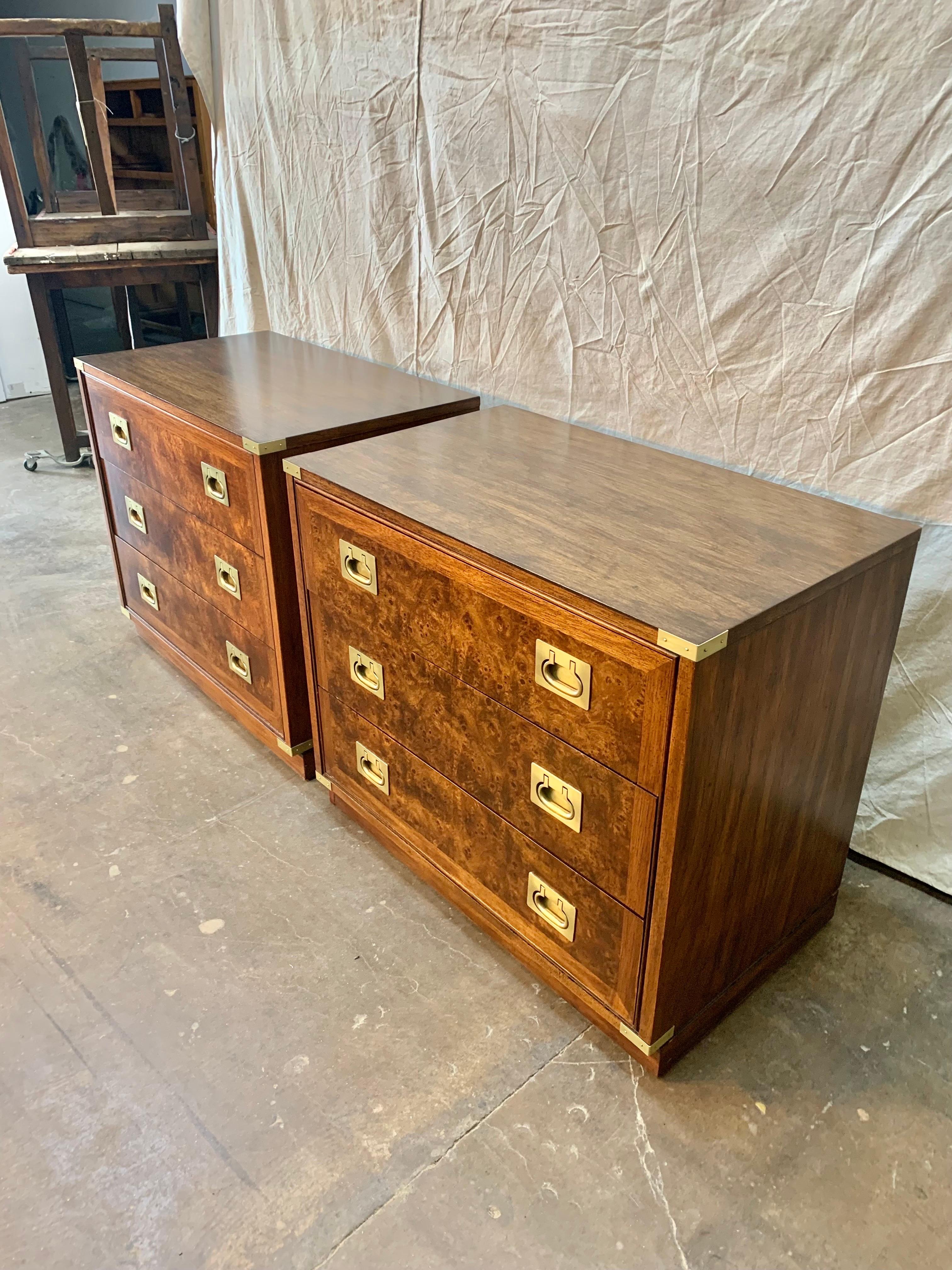 20th Century Mid 20th C. Walnut, Burlwood and Brass Campaign Style Bachelor Chests - a Pair