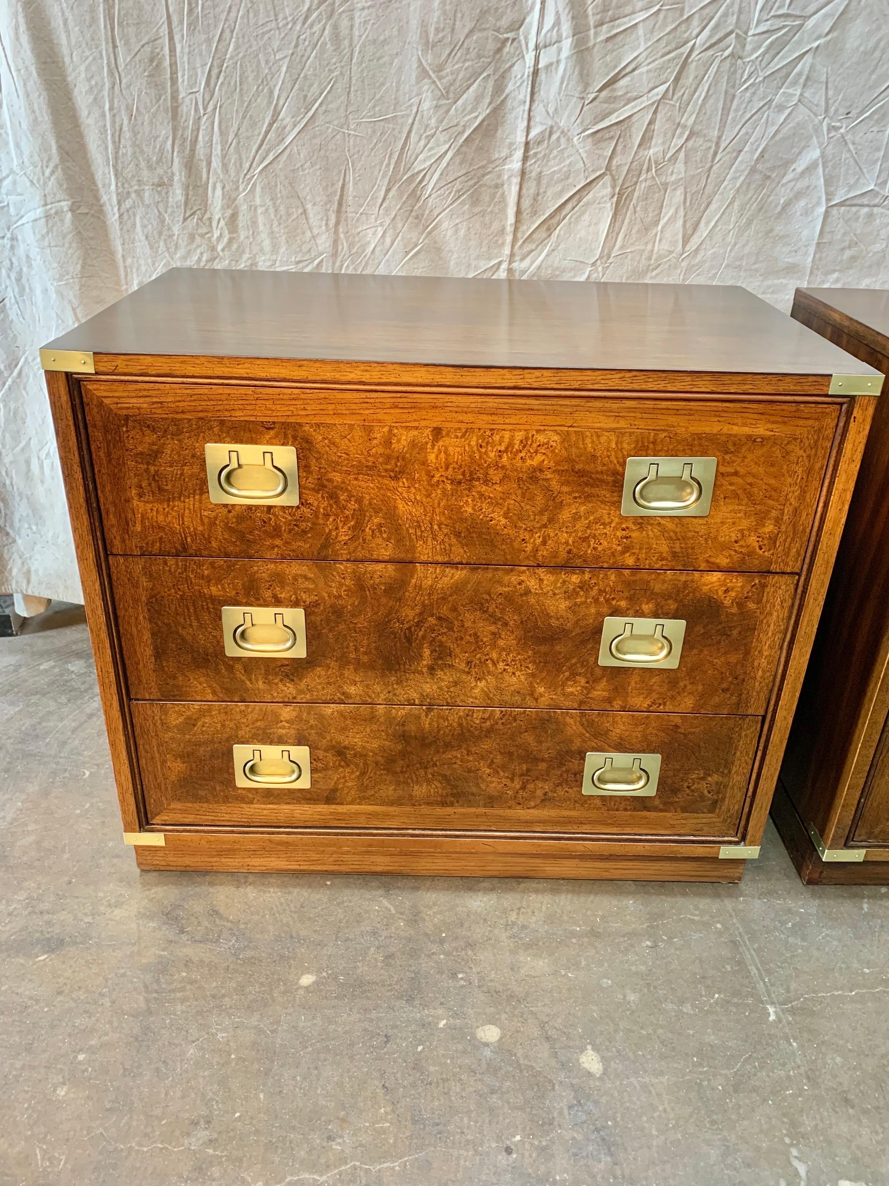 Mid 20th C. Walnut, Burlwood and Brass Campaign Style Bachelor Chests - a Pair 1