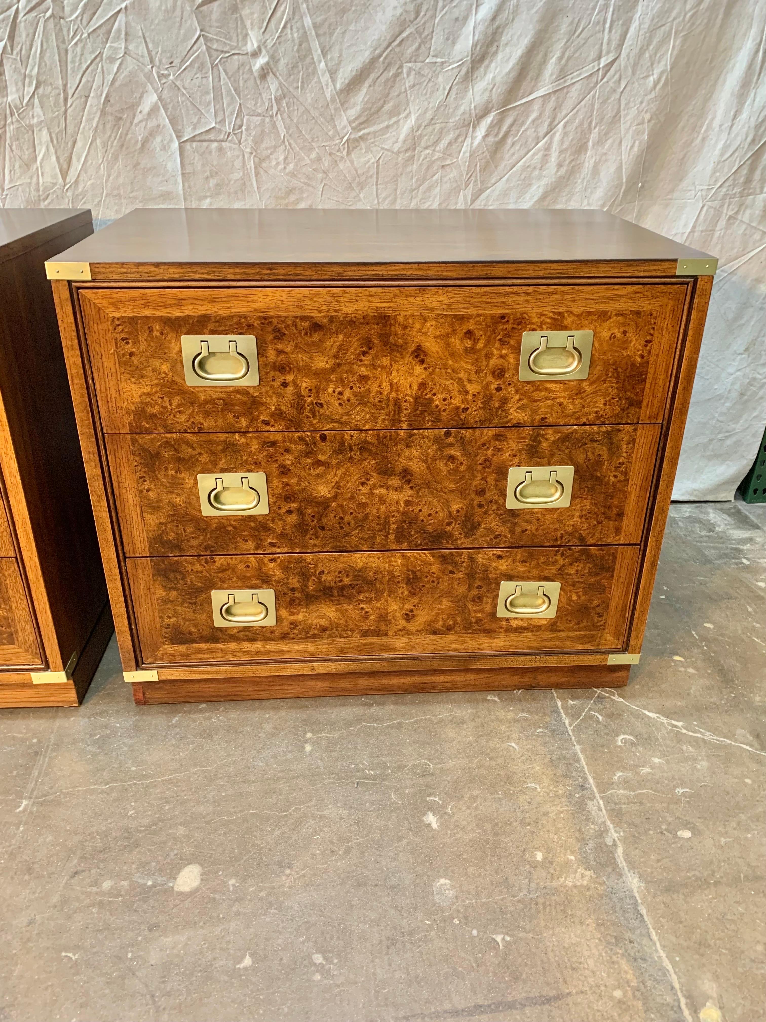Mid 20th C. Walnut, Burlwood and Brass Campaign Style Bachelor Chests - a Pair 2