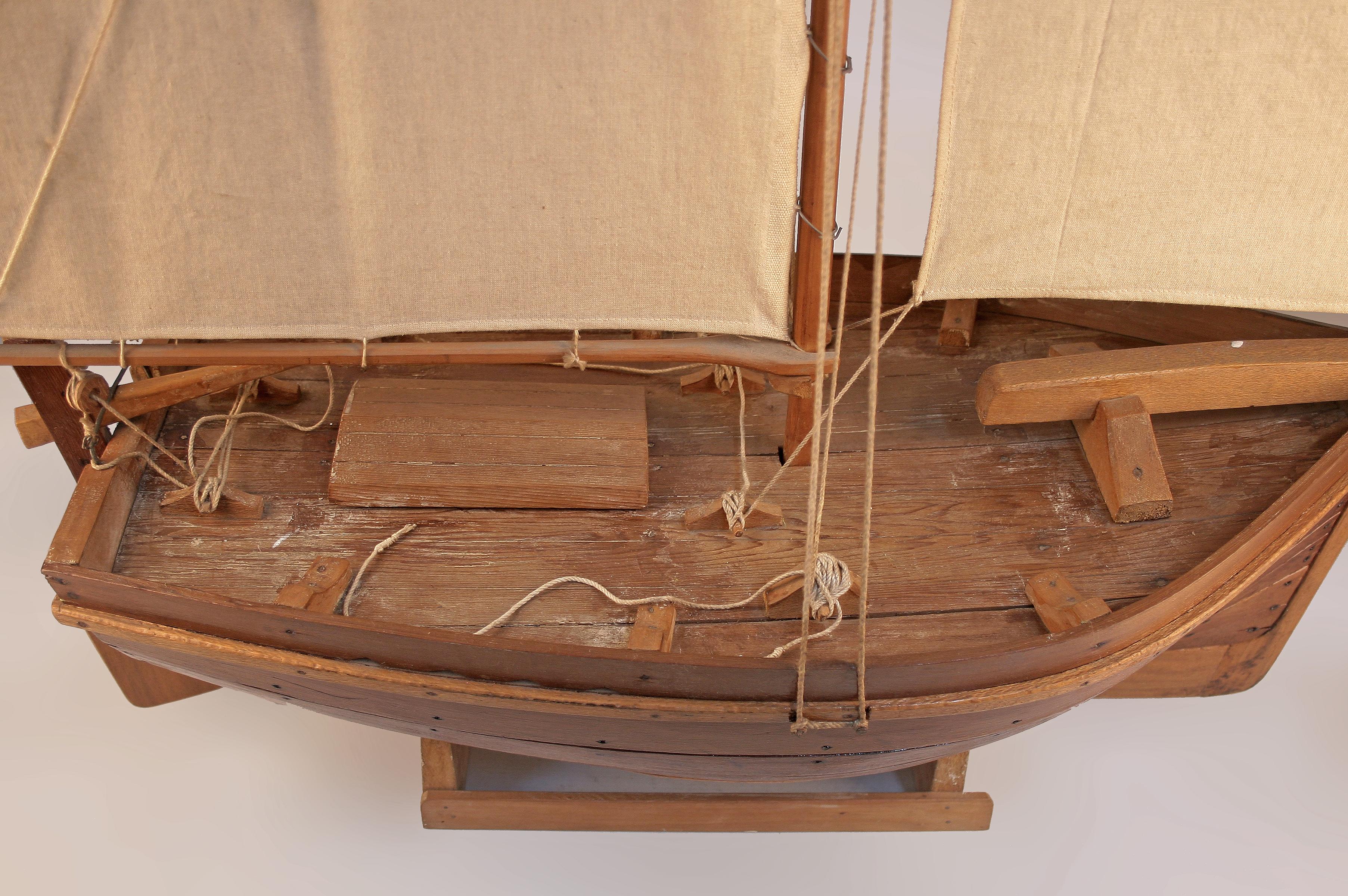 Hand-Crafted Mid-20th C. Wood Model of Antique Fishing Boat Ship With Sails Made in Argentina For Sale