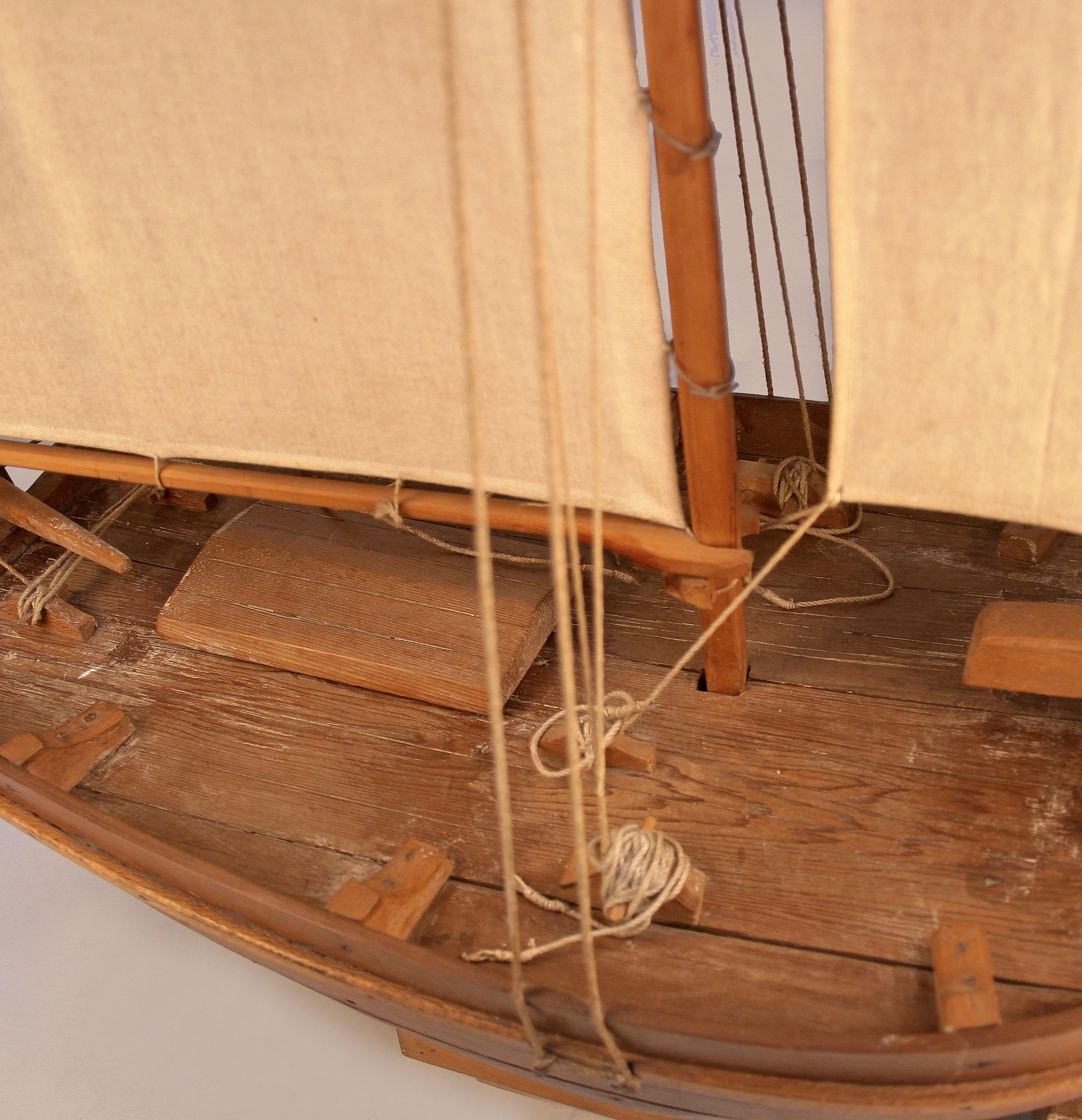 Mid-20th C. Wood Model of Antique Fishing Boat Ship With Sails Made in Argentina In Fair Condition For Sale In North Miami, FL