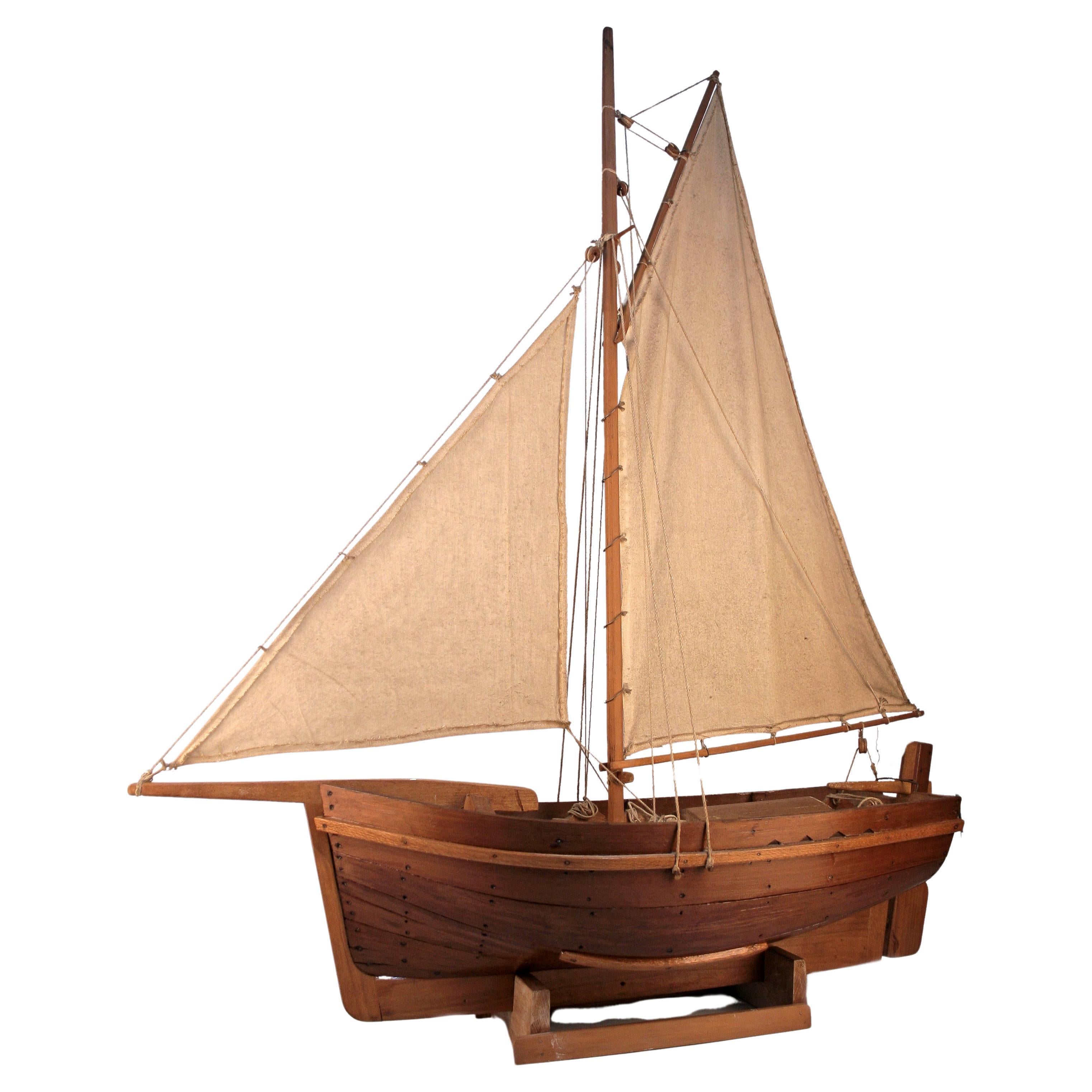 Mid-20th C. Wood Model of Antique Fishing Boat Ship With Sails Made in Argentina For Sale