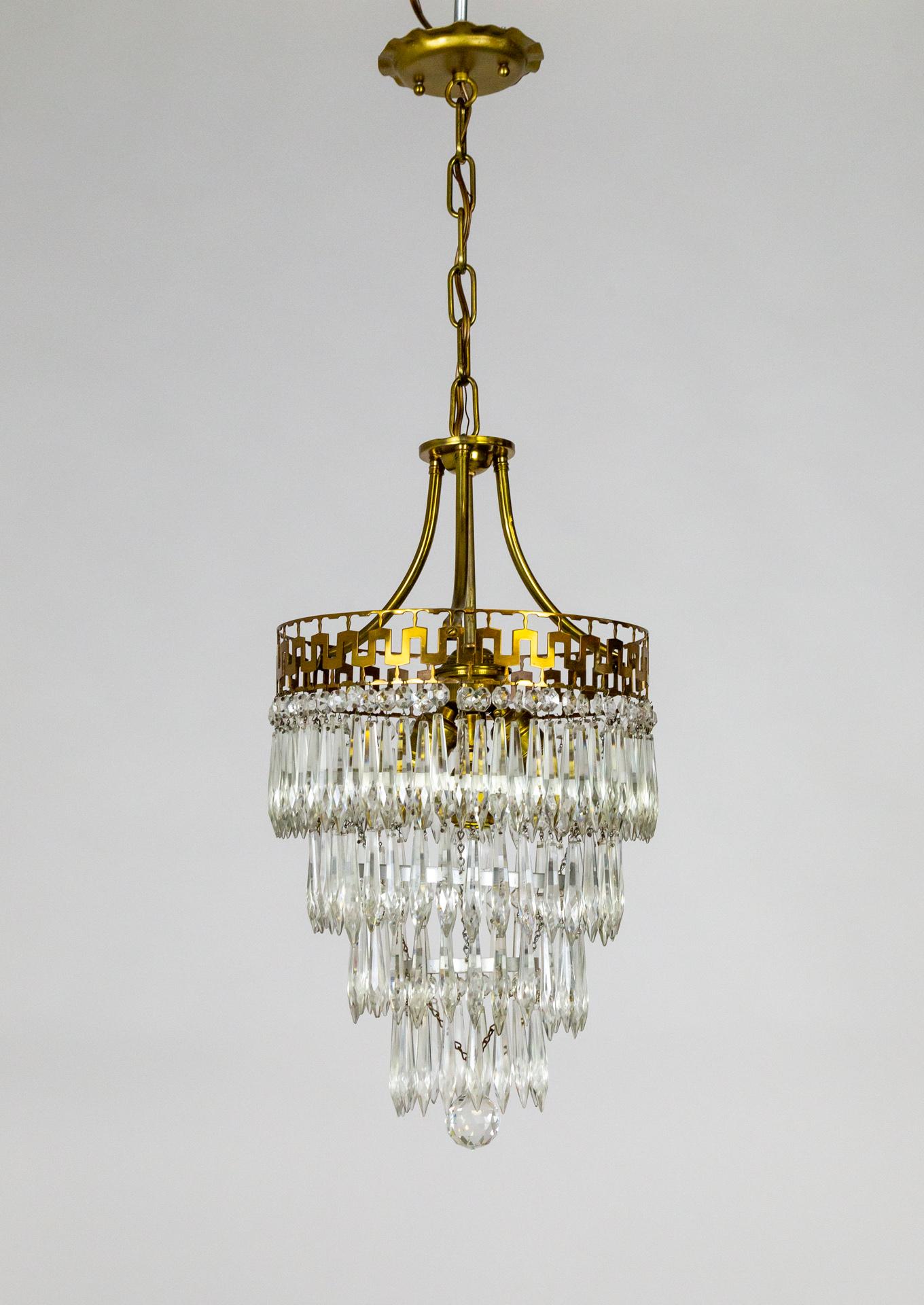 Mid-20th Cent. Neoclassical Cut Brass & Crystal Wedding Cake Pendant Light For Sale 5