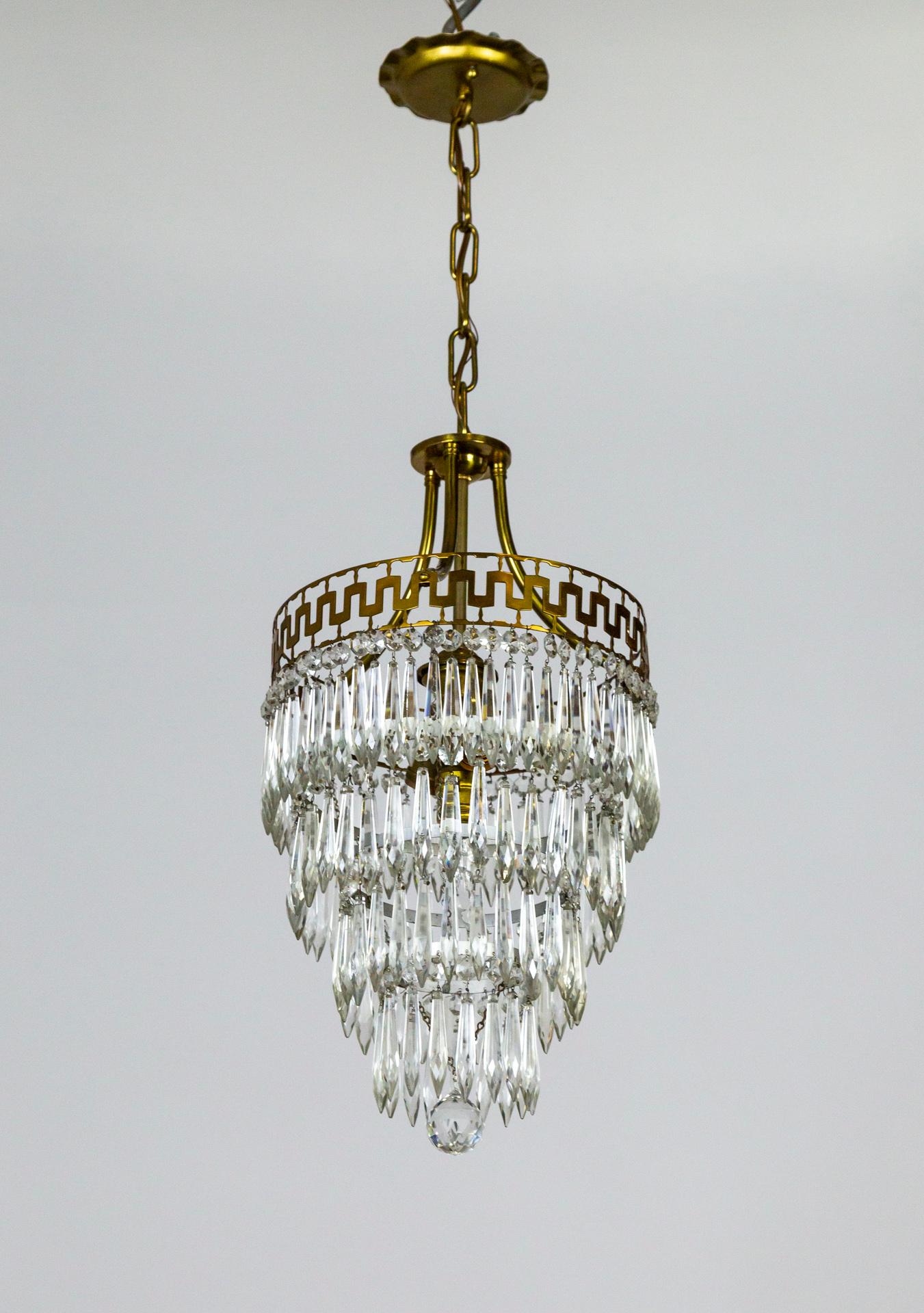 20th Century Mid-20th Cent. Neoclassical Cut Brass & Crystal Wedding Cake Pendant Light For Sale